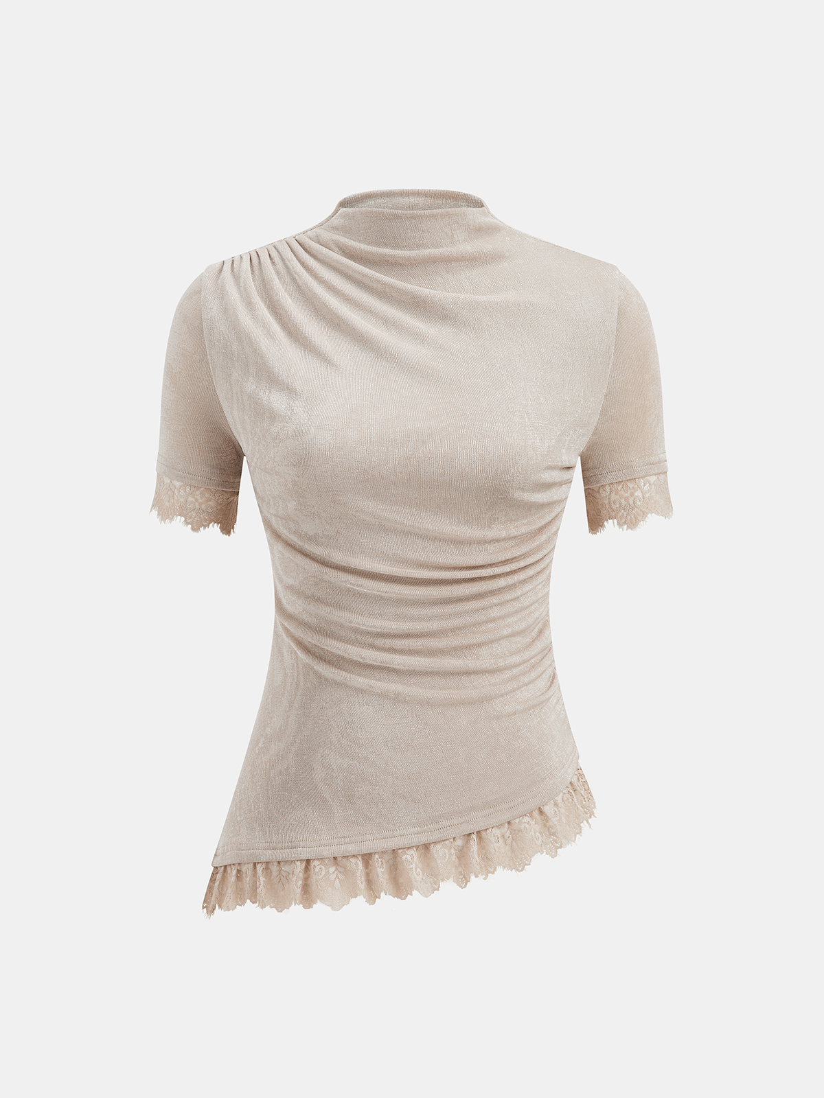 Mock Neck Ruched Lace Trim Top-Chicvia