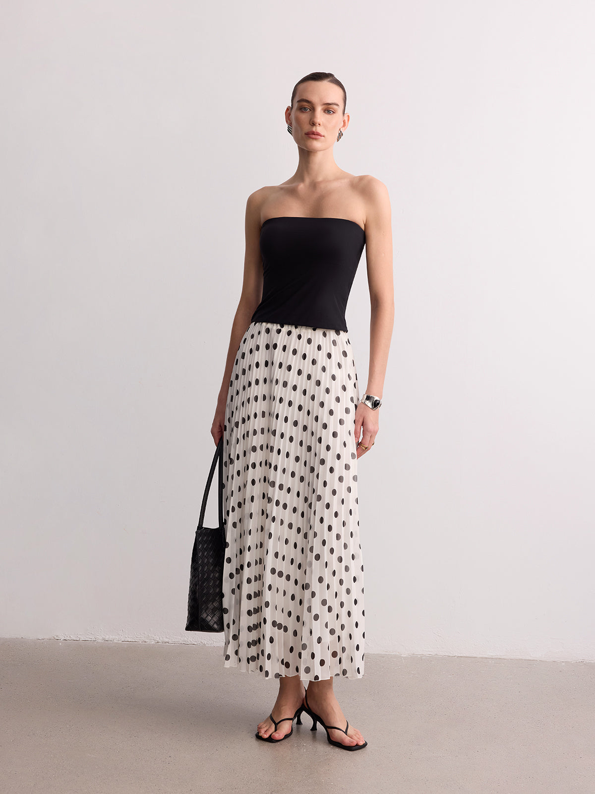 Pleated Polka Dot Maxi Skirt-Chicvia