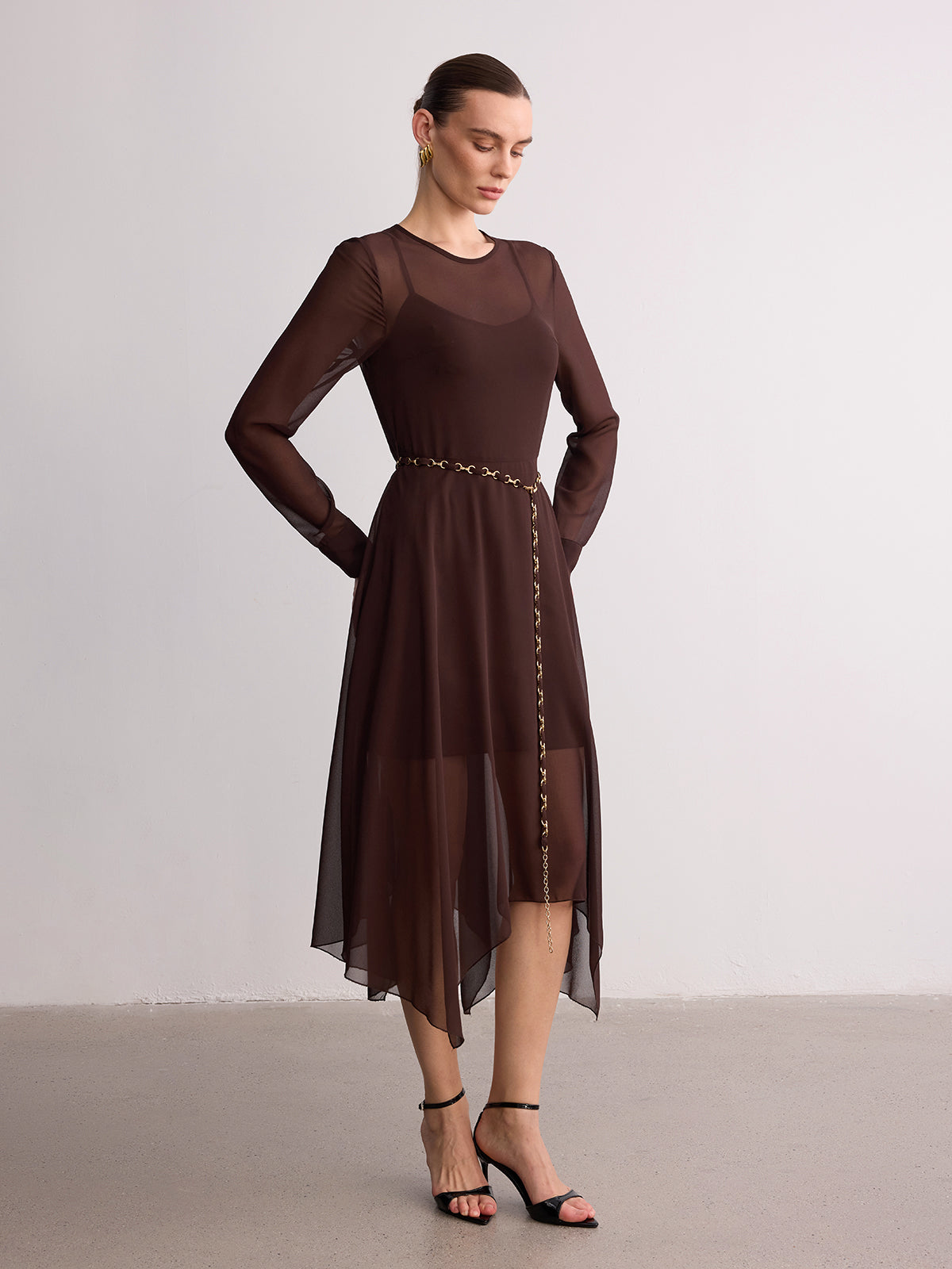 Belted Sheer Chiffon Long Sleeve Maxi Dress-Chicvia