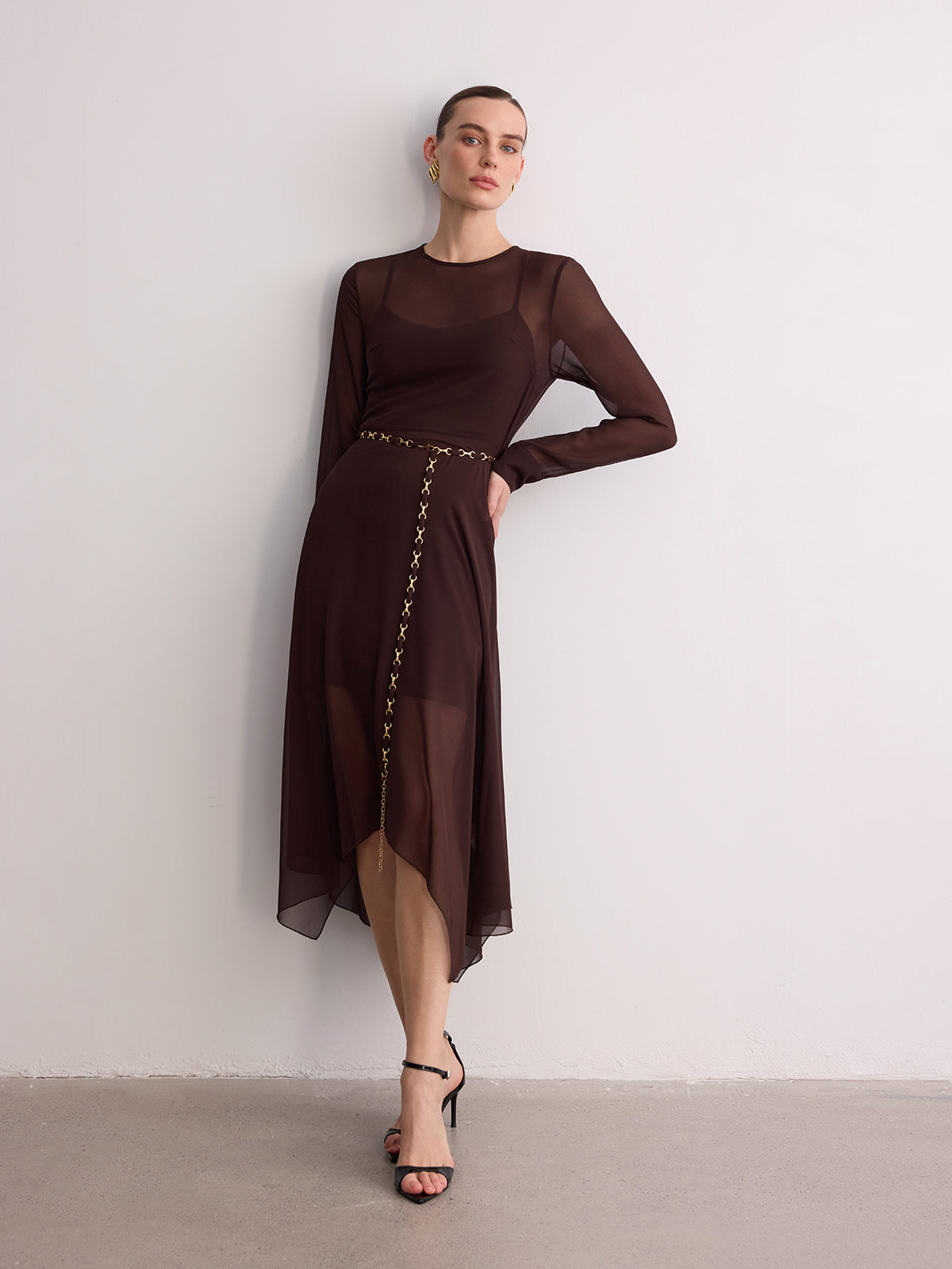 Belted Sheer Chiffon Long Sleeve Maxi Dress-Chicvia
