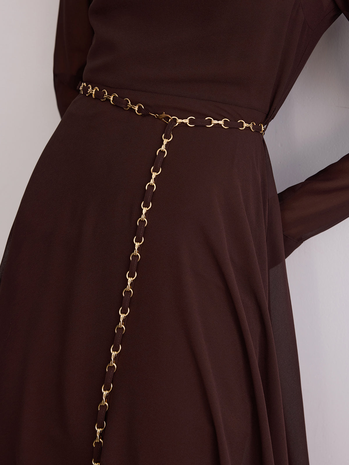 Belted Sheer Chiffon Long Sleeve Maxi Dress-Chicvia