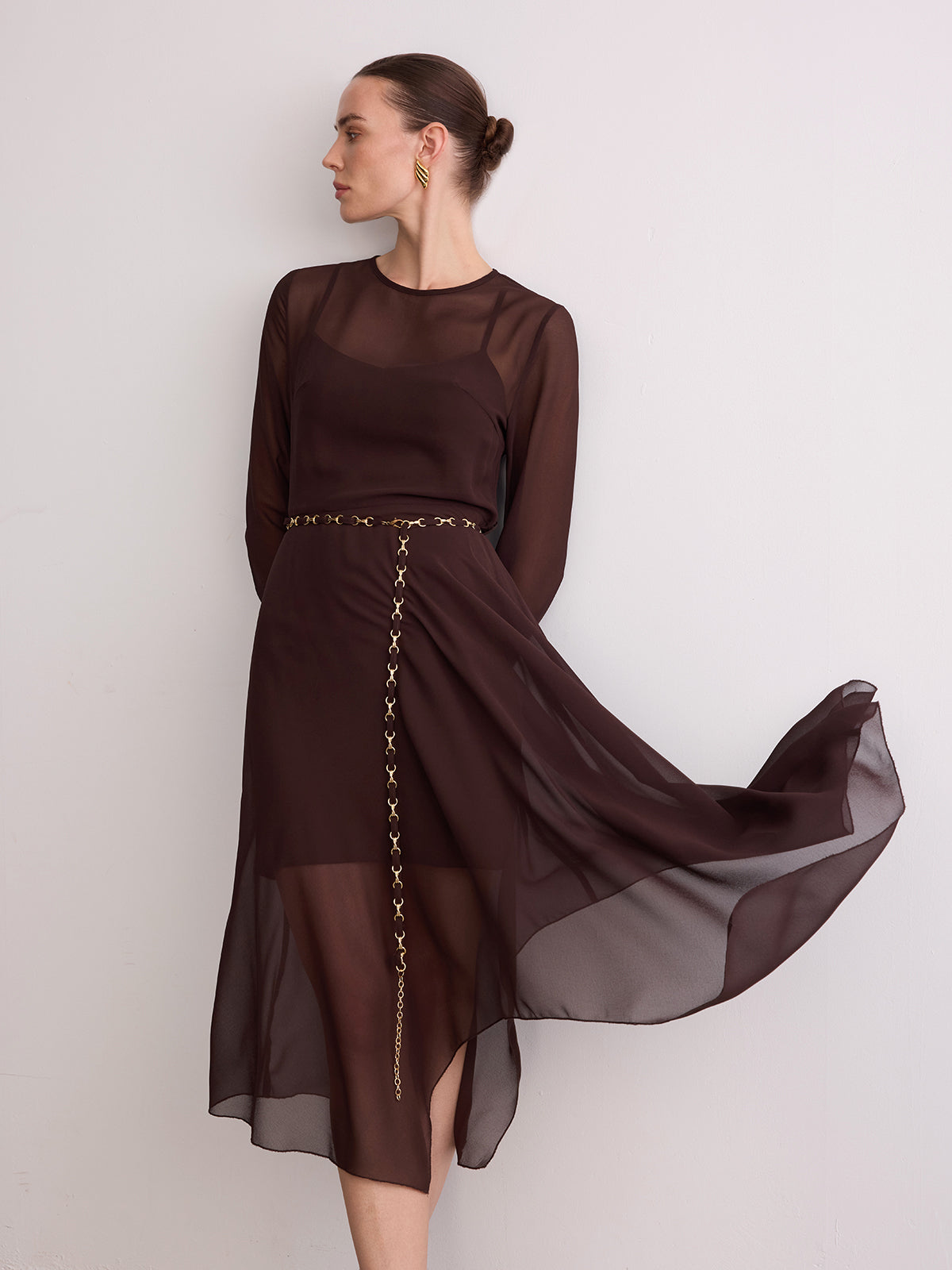 Belted Sheer Chiffon Long Sleeve Maxi Dress-Chicvia