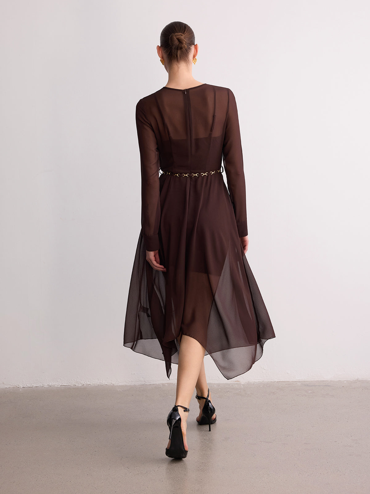 Belted Sheer Chiffon Long Sleeve Maxi Dress-Chicvia