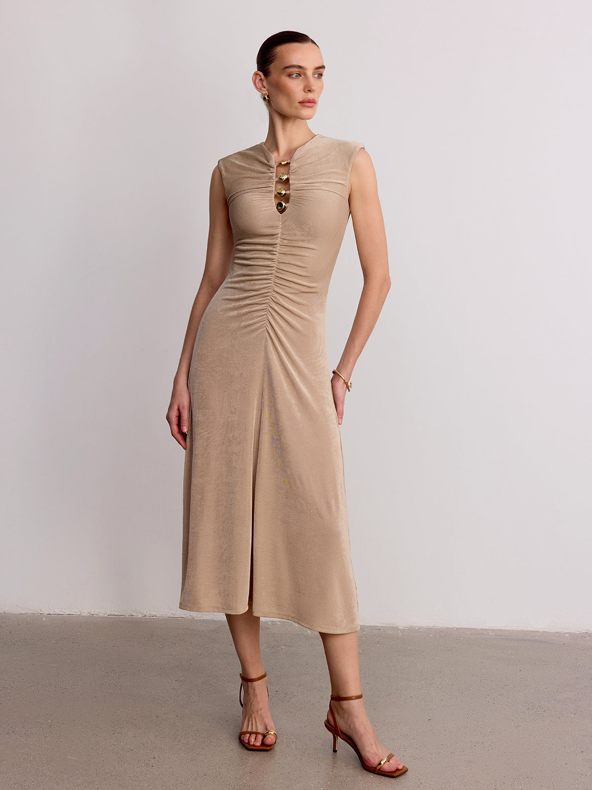 Metal Detail Sleeveless Ruched Maxi Dress-Chicvia