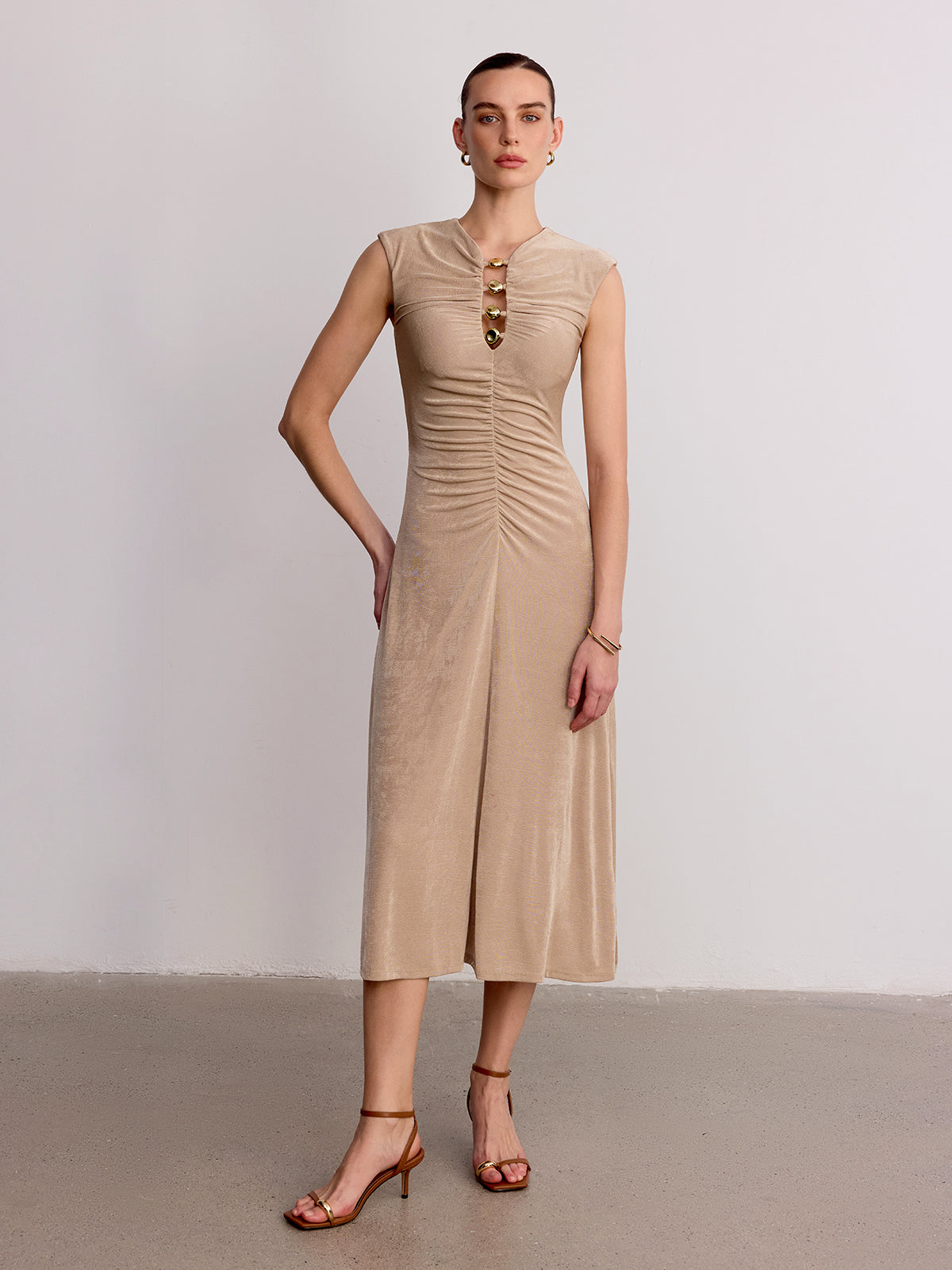 Metal Detail Sleeveless Ruched Maxi Dress-Chicvia