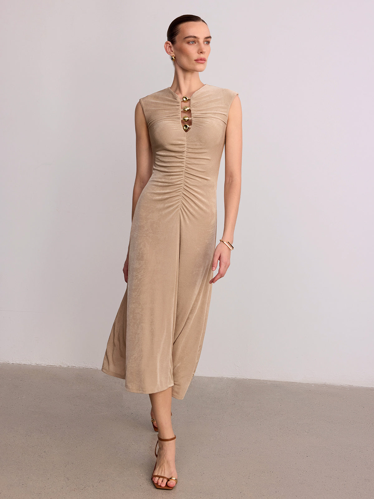 Metal Detail Sleeveless Ruched Maxi Dress-Chicvia