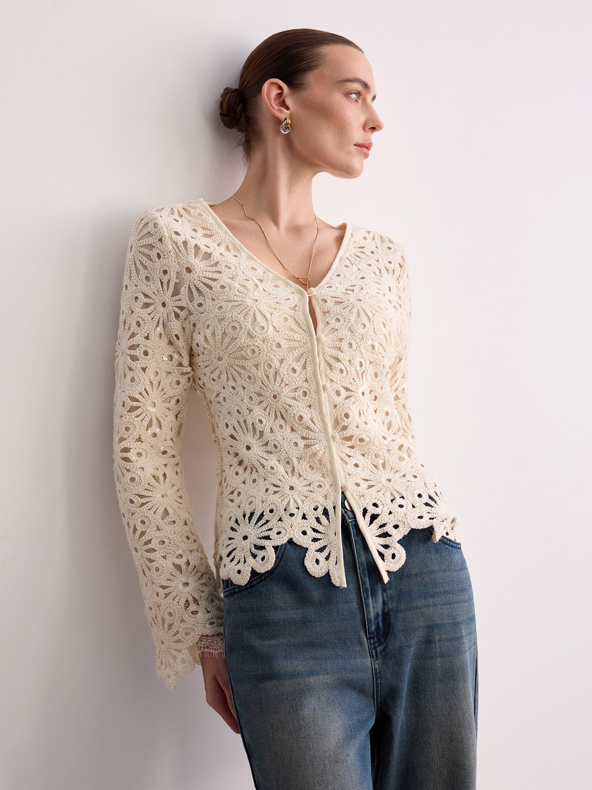 Cotton Crochet V-Neck Cardigan-Chicvia