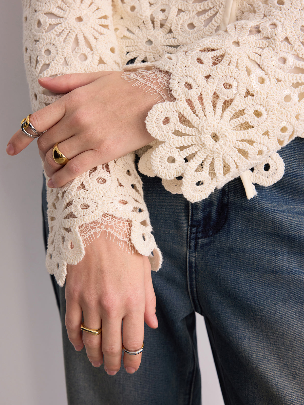 Cotton Crochet V-Neck Cardigan-Chicvia