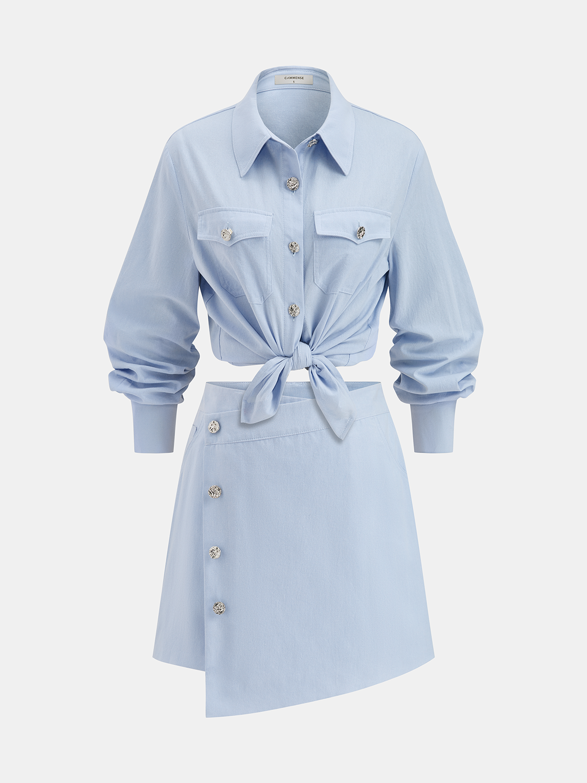 Cotton Knot-Front Shirt & Asymmetrical Skirt Set-Chicvia