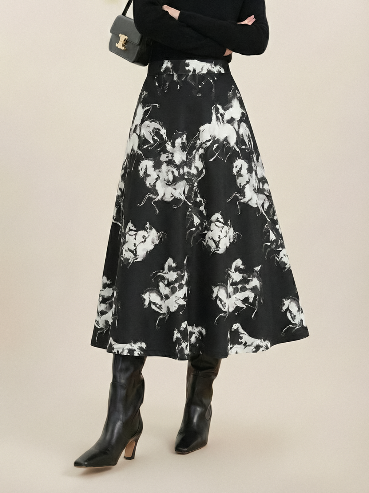 Ink Horse Print A-Line Midi Skirt-Chicvia