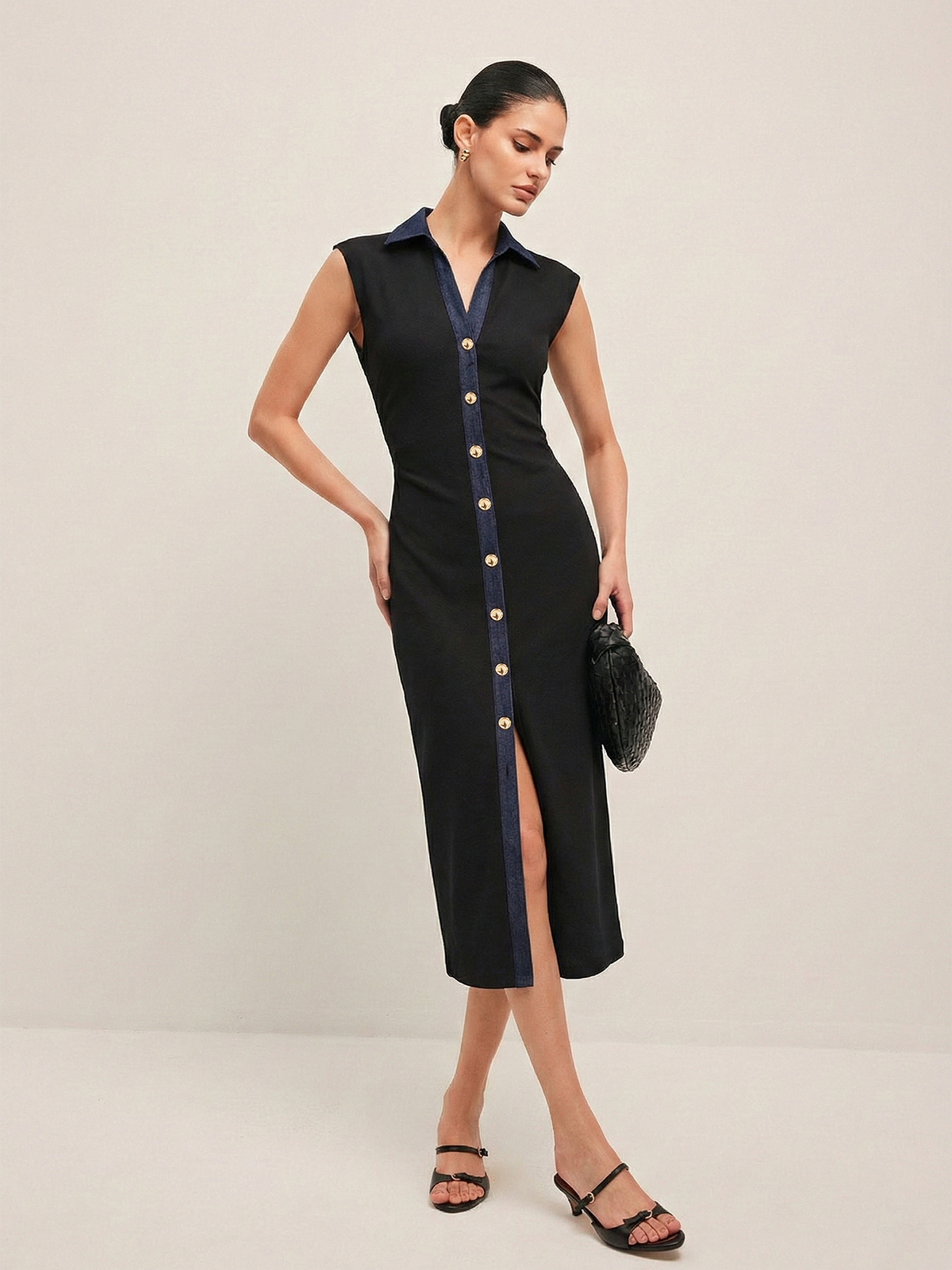 Denim Panel Sleeveless Buttoned Midi Dress-Chicvia