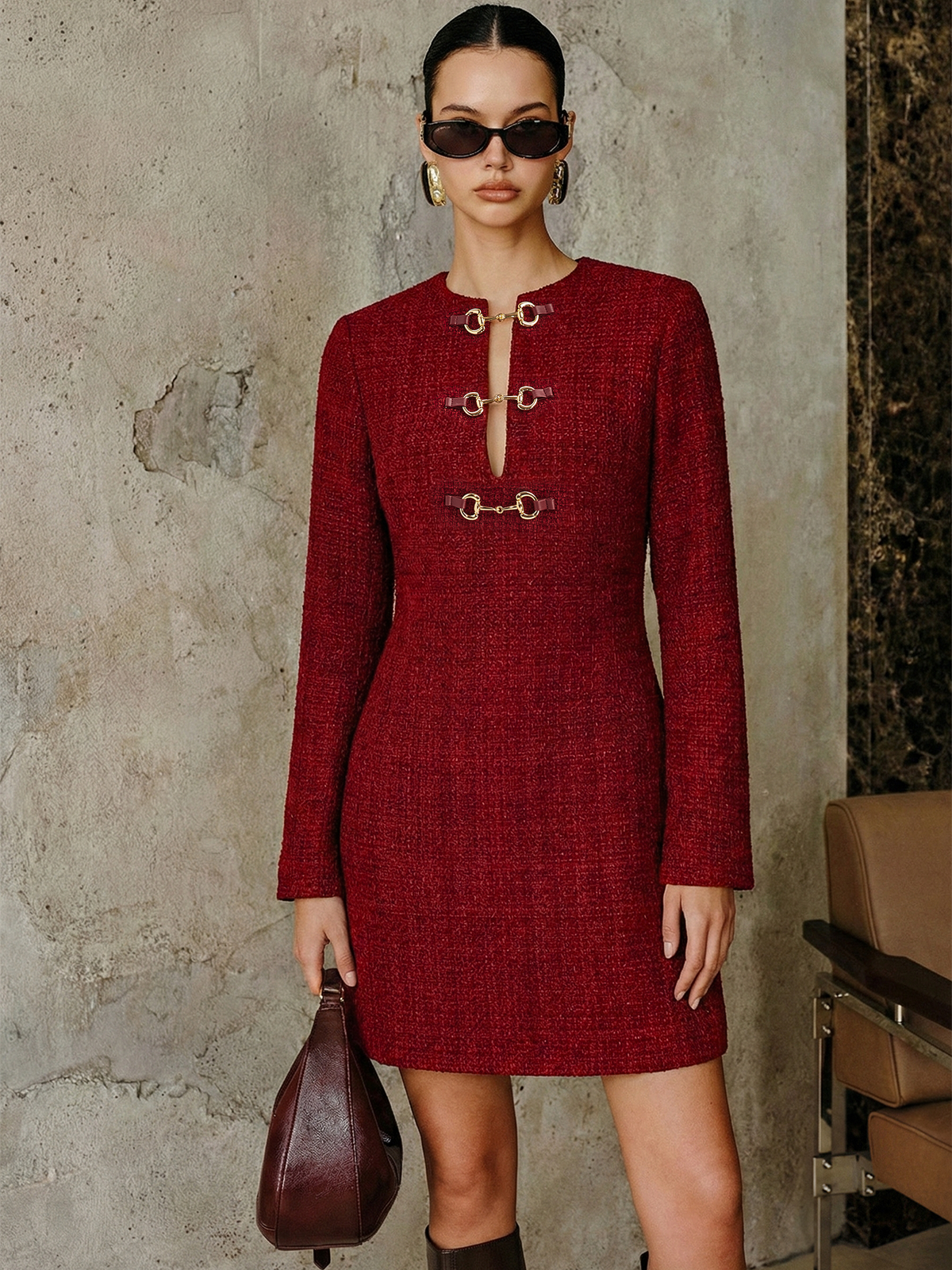 Metal Buckle Tweed Mini Dress-Chicvia