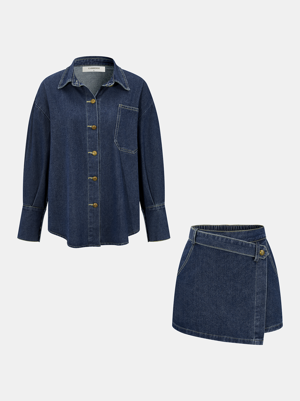 Denim Shirt & Asymmetric Skort Set-Chicvia