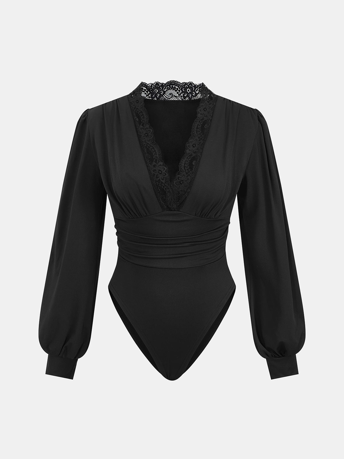 Lace Trim V-Neck Ruched Bodysuit-Chicvia