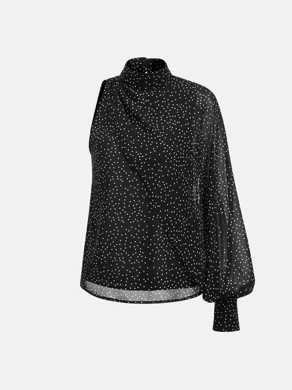 Polka Dot One Shoulder Sheer Mock Neck Blouse-Chicvia