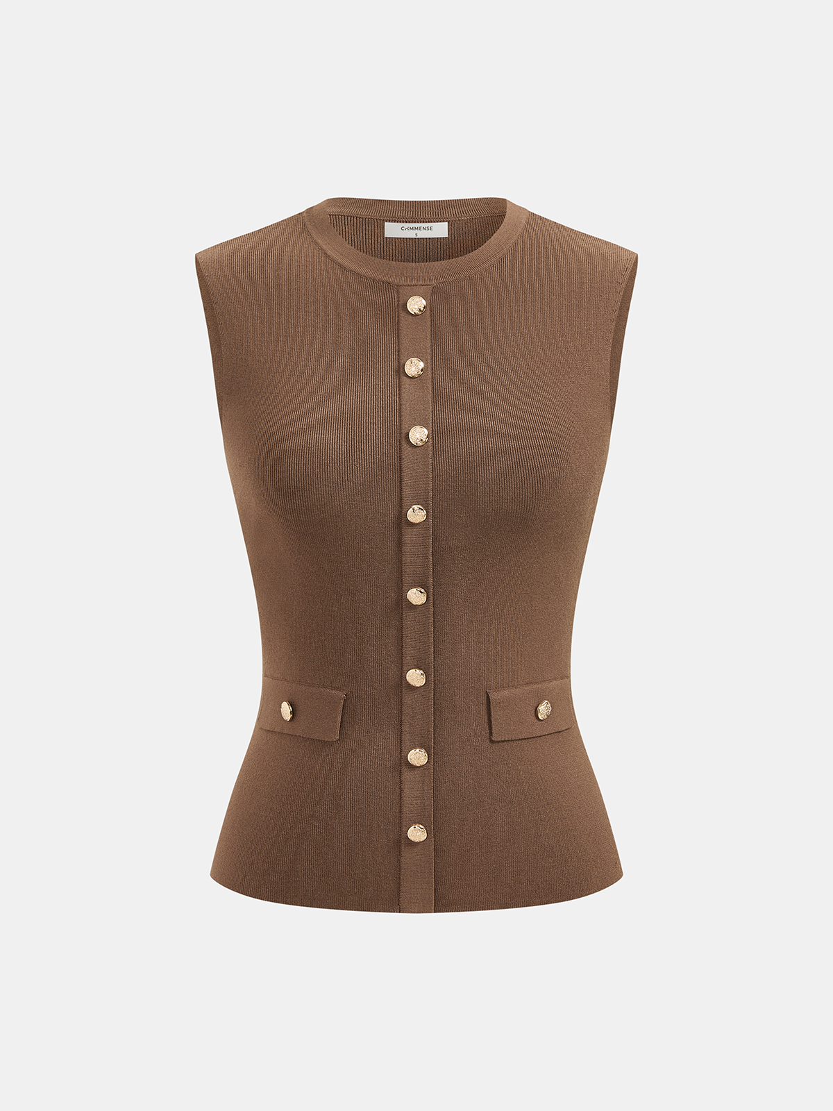 Metal Button Crew-Neck Sleeveless Knit Vest-Chicvia
