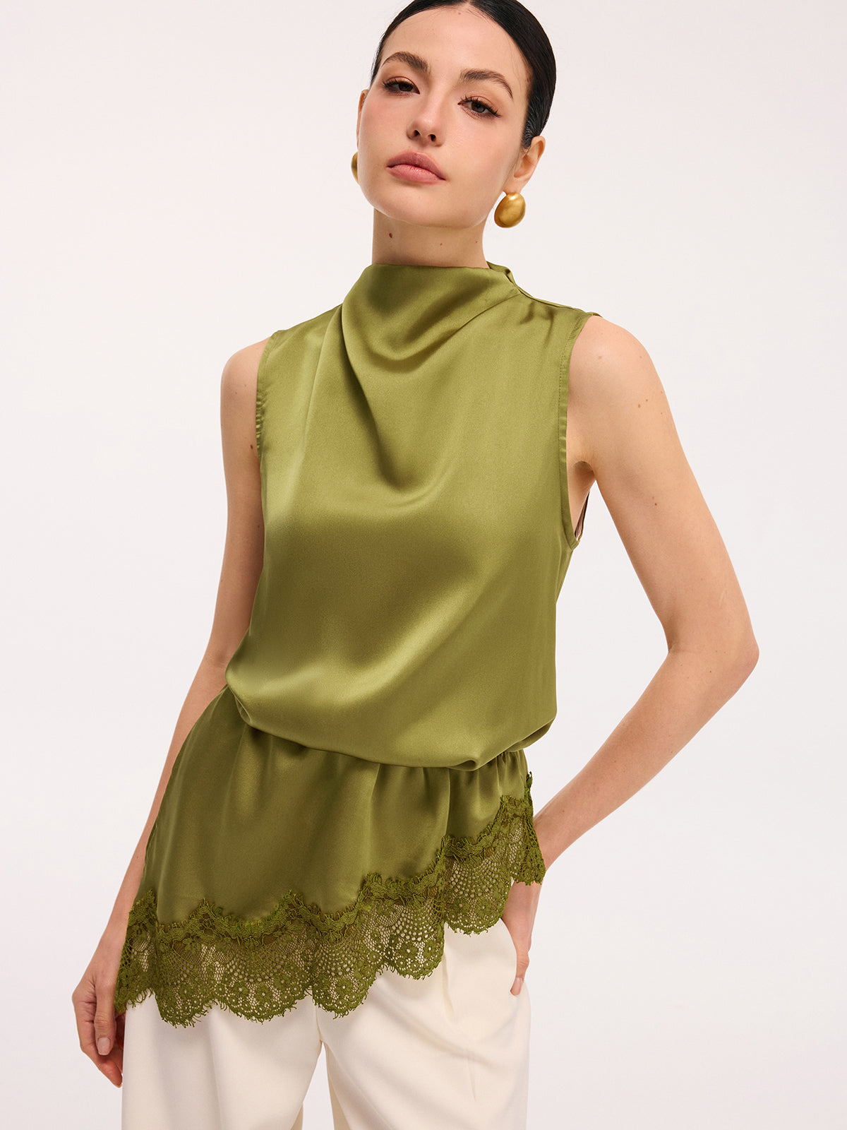 Lace Trim Satin Sleeveless Blouse-Chicvia