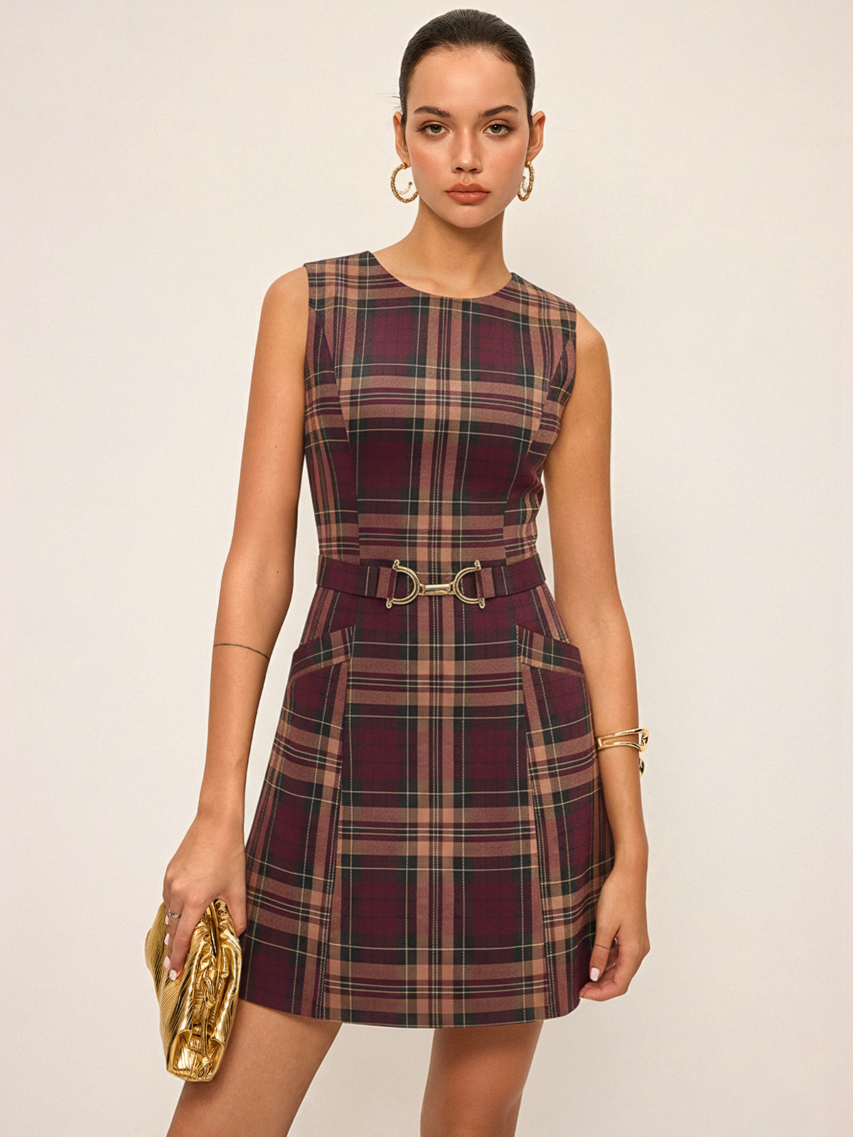 Plaid Sleeveless Mini Dress-Chicvia