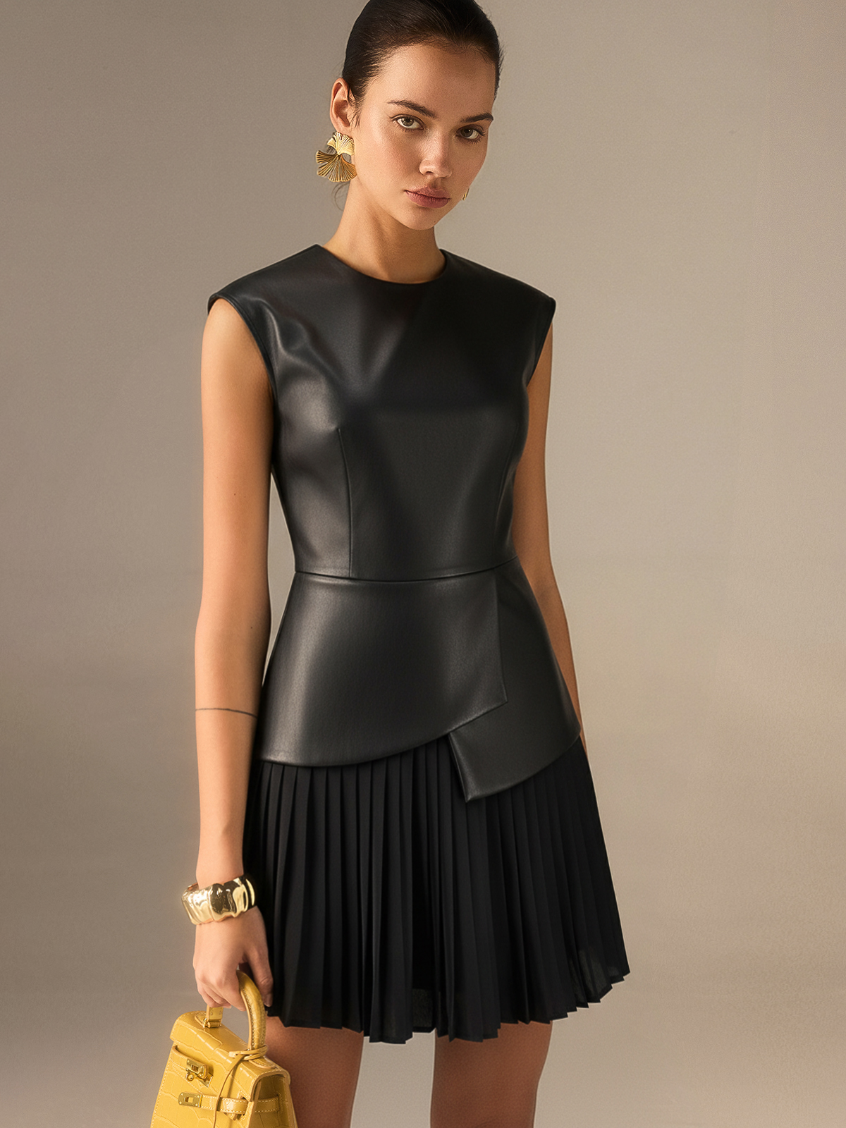 Pleated Panel Sleeveless PU Leather Dress-Chicvia