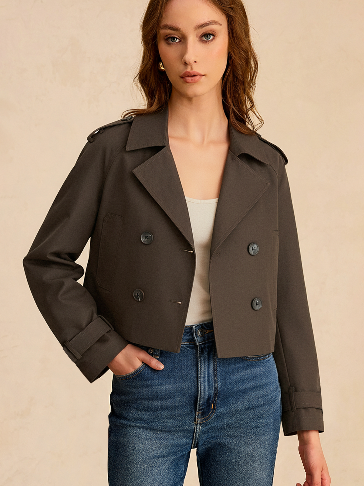 Double-Button Cropped Trench Coat-Chicvia