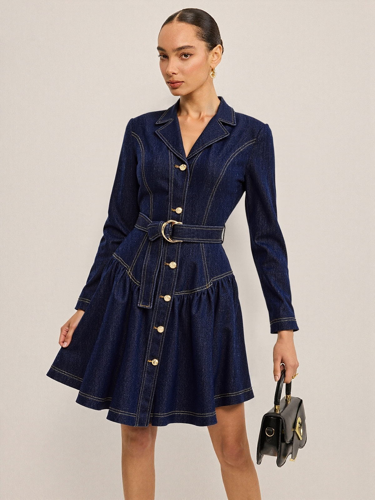 Metal Button Belted Denim Flare Mini Dress-Chicvia