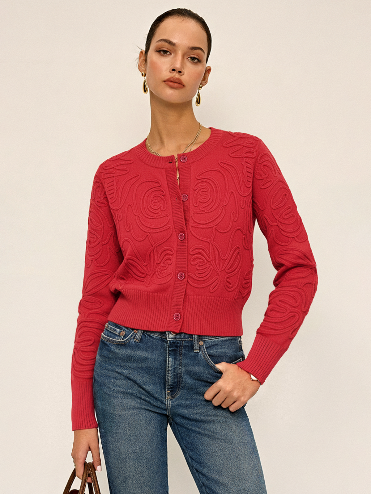 Embroidered Crew Neck Knit Top-Chicvia