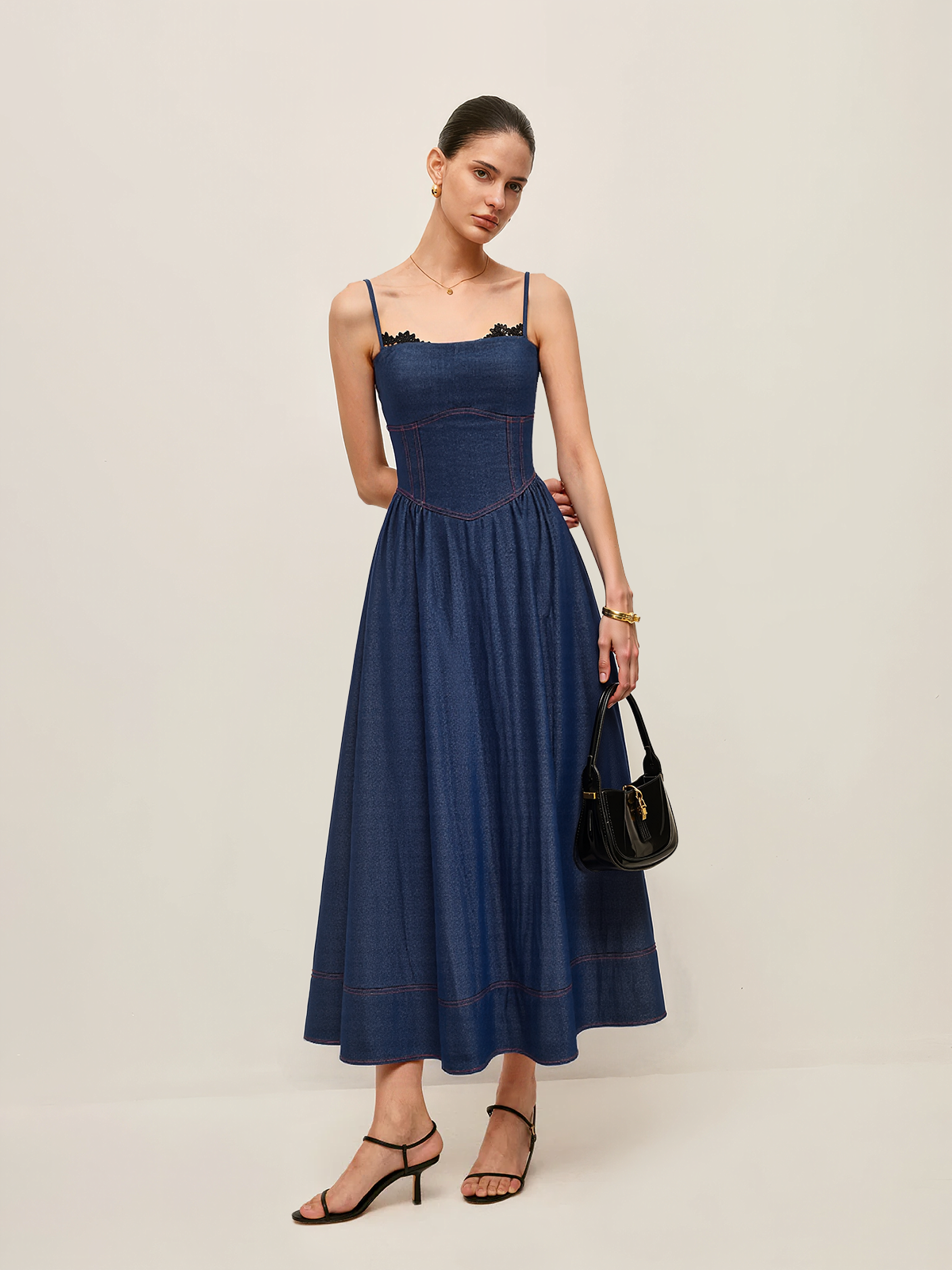 Lace Trim Denim Cami Maxi Dress-Chicvia