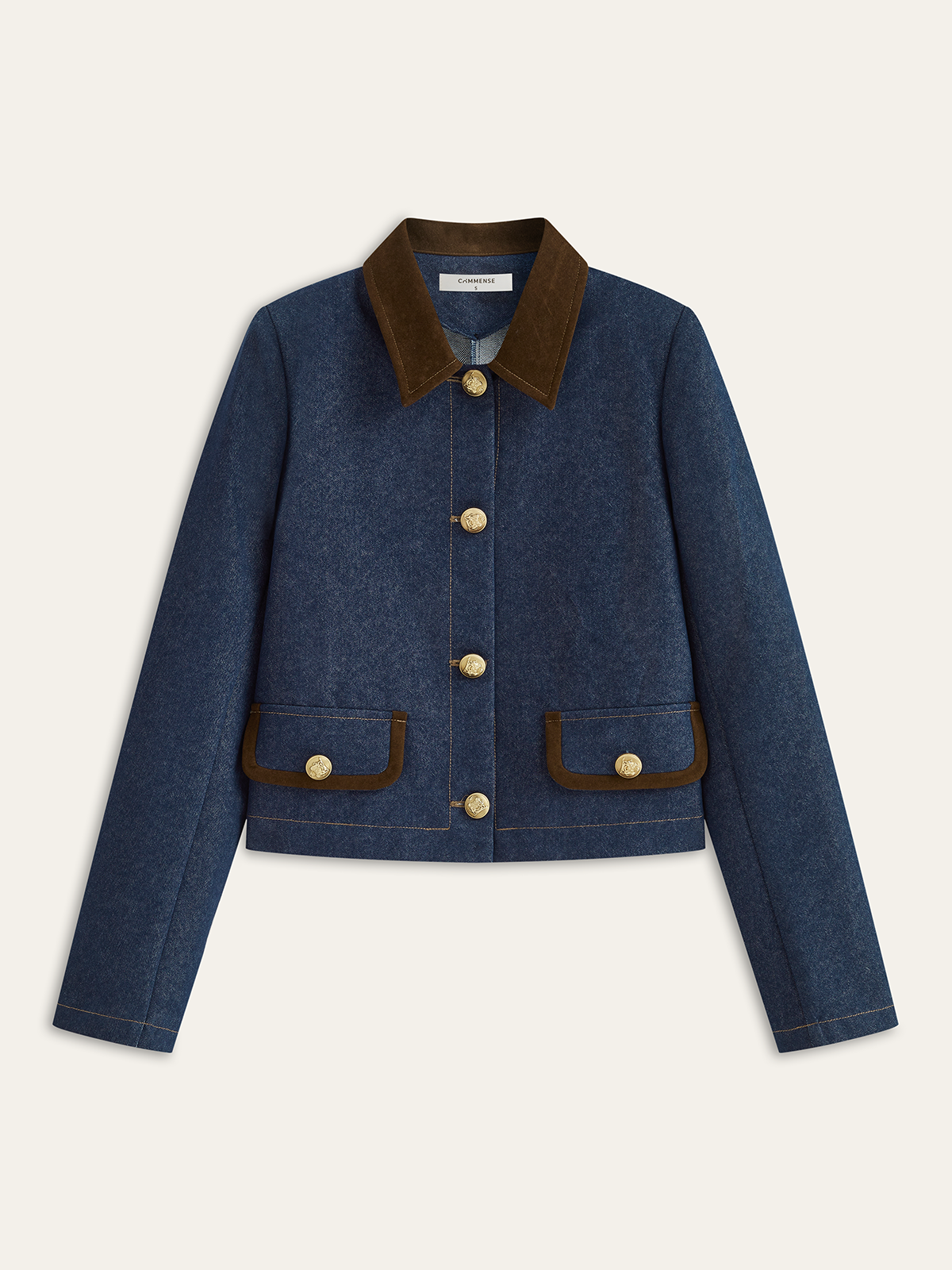 Metal Button Suede Collar Denim Jacket-Chicvia