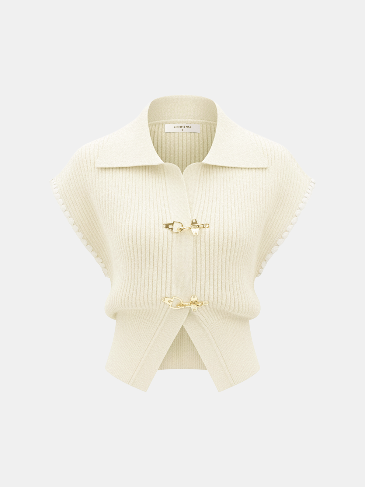 Metal Clasp Contrast Trim Collared Knit Vest-Chicvia