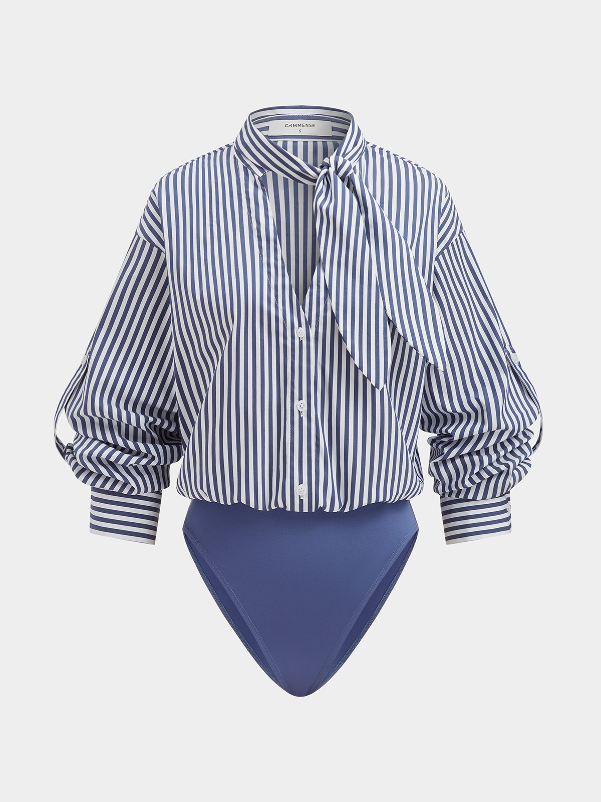 Cotton Blend Striped Tie-Neck Bodysuit-Chicvia