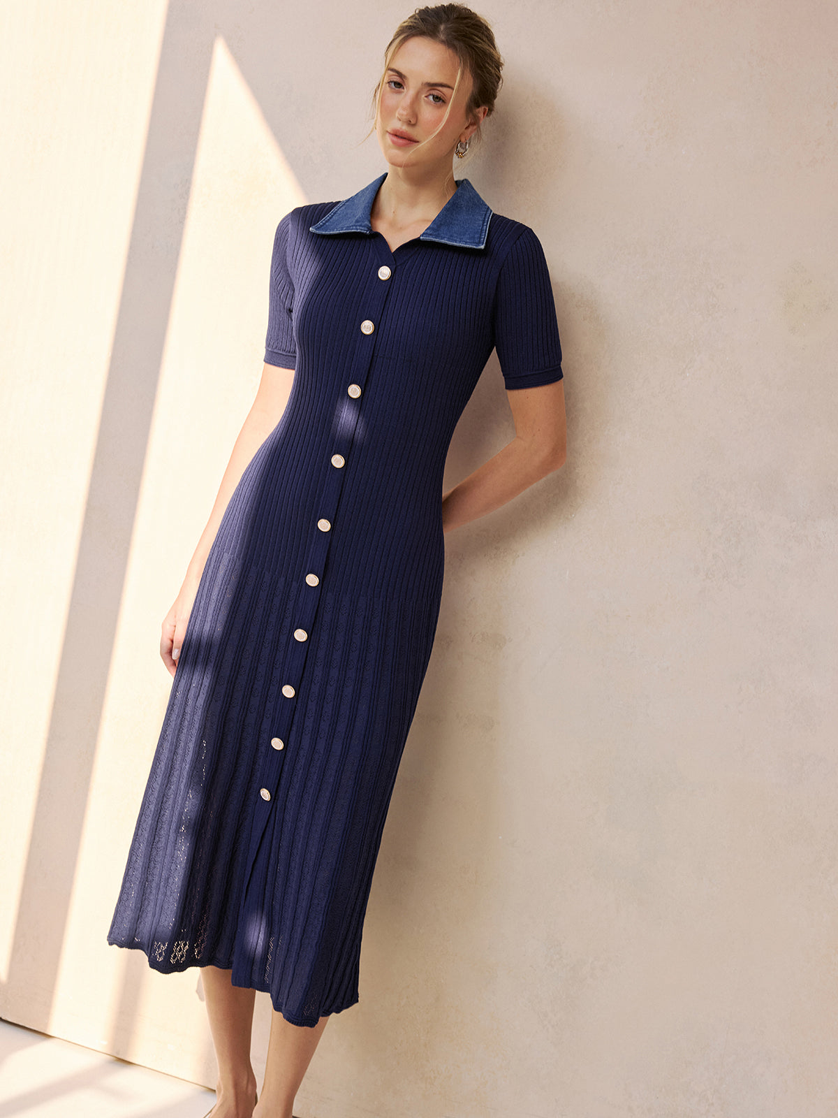 Denim Collar Ribbed Knit Midi Dress-Chicvia