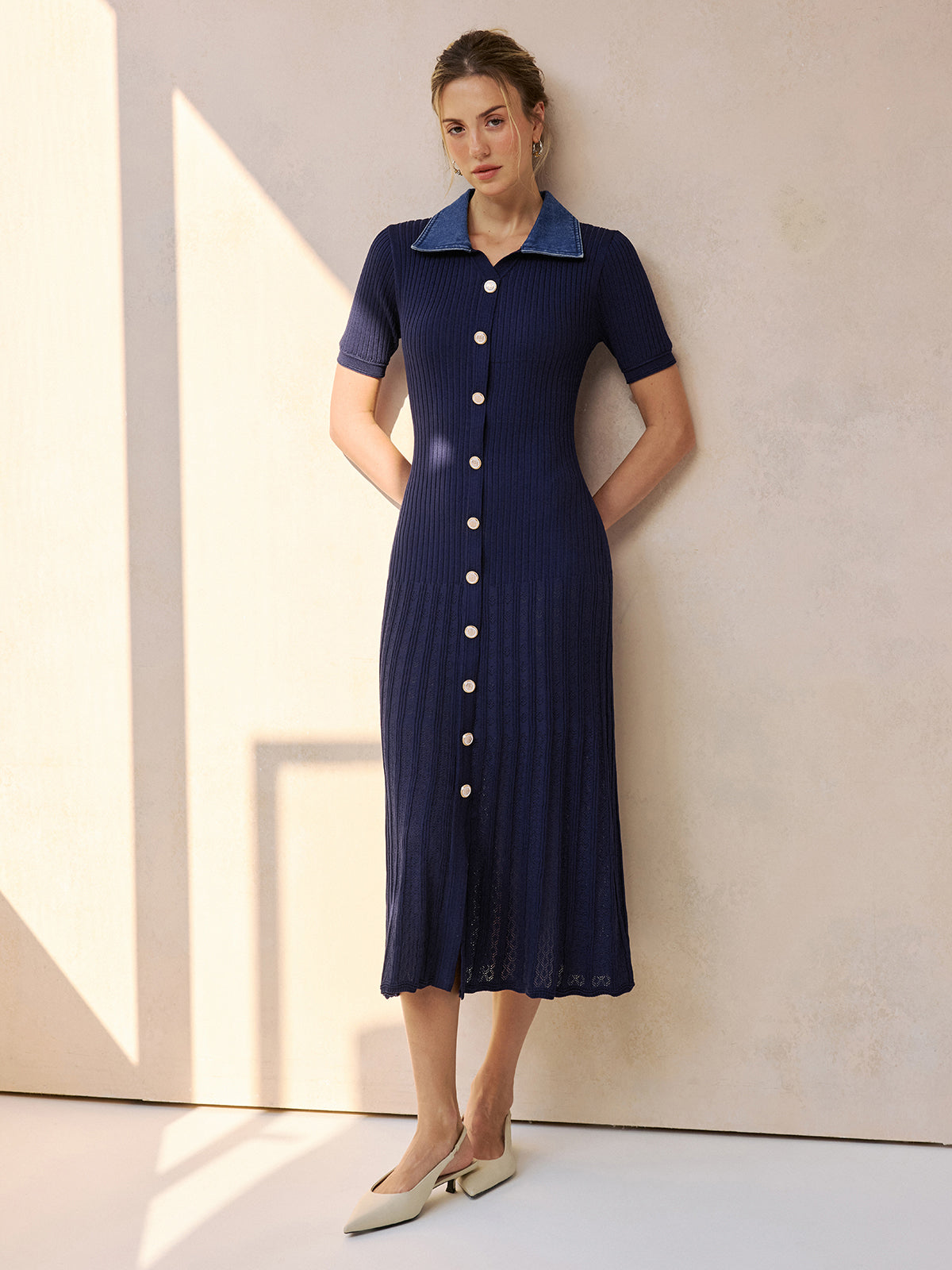 Denim Collar Ribbed Knit Midi Dress-Chicvia