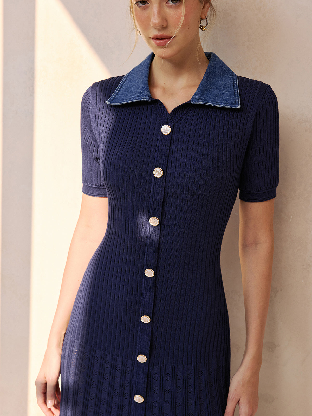 Denim Collar Ribbed Knit Midi Dress-Chicvia