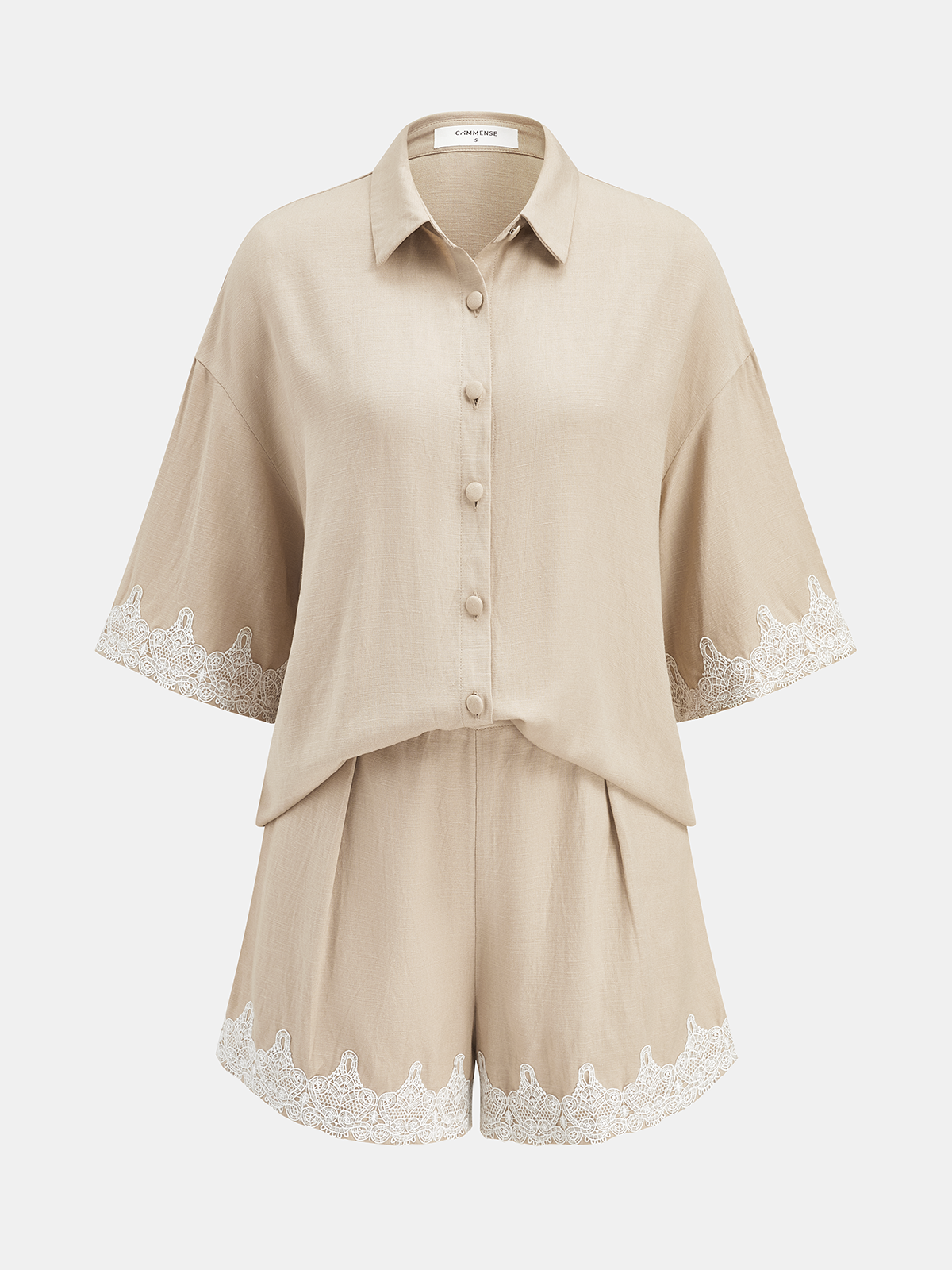 Linen Blend Lace Trim Shirt & Shorts Set-Chicvia