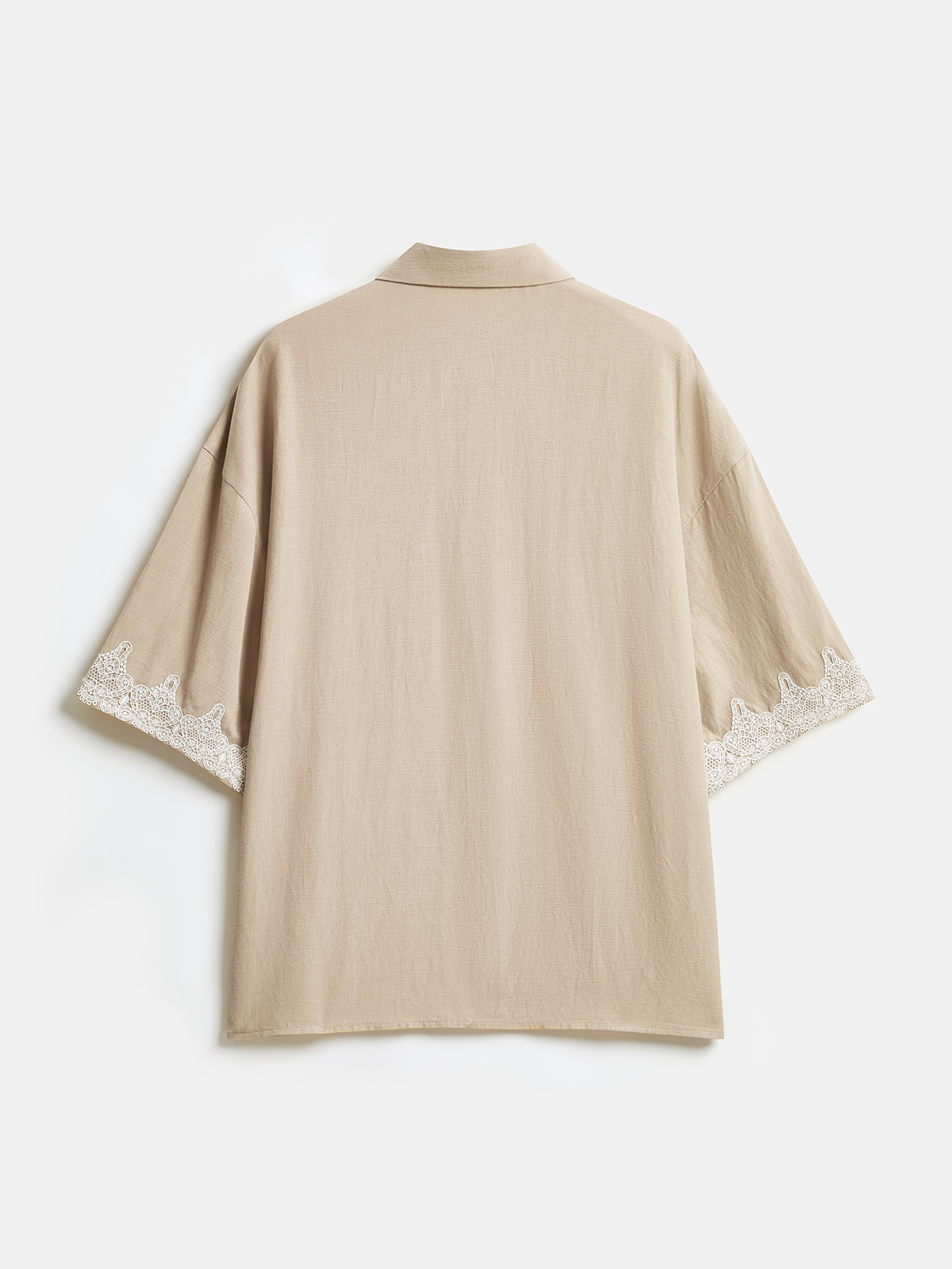 Linen Blend Lace Trim Shirt & Shorts Set-Chicvia