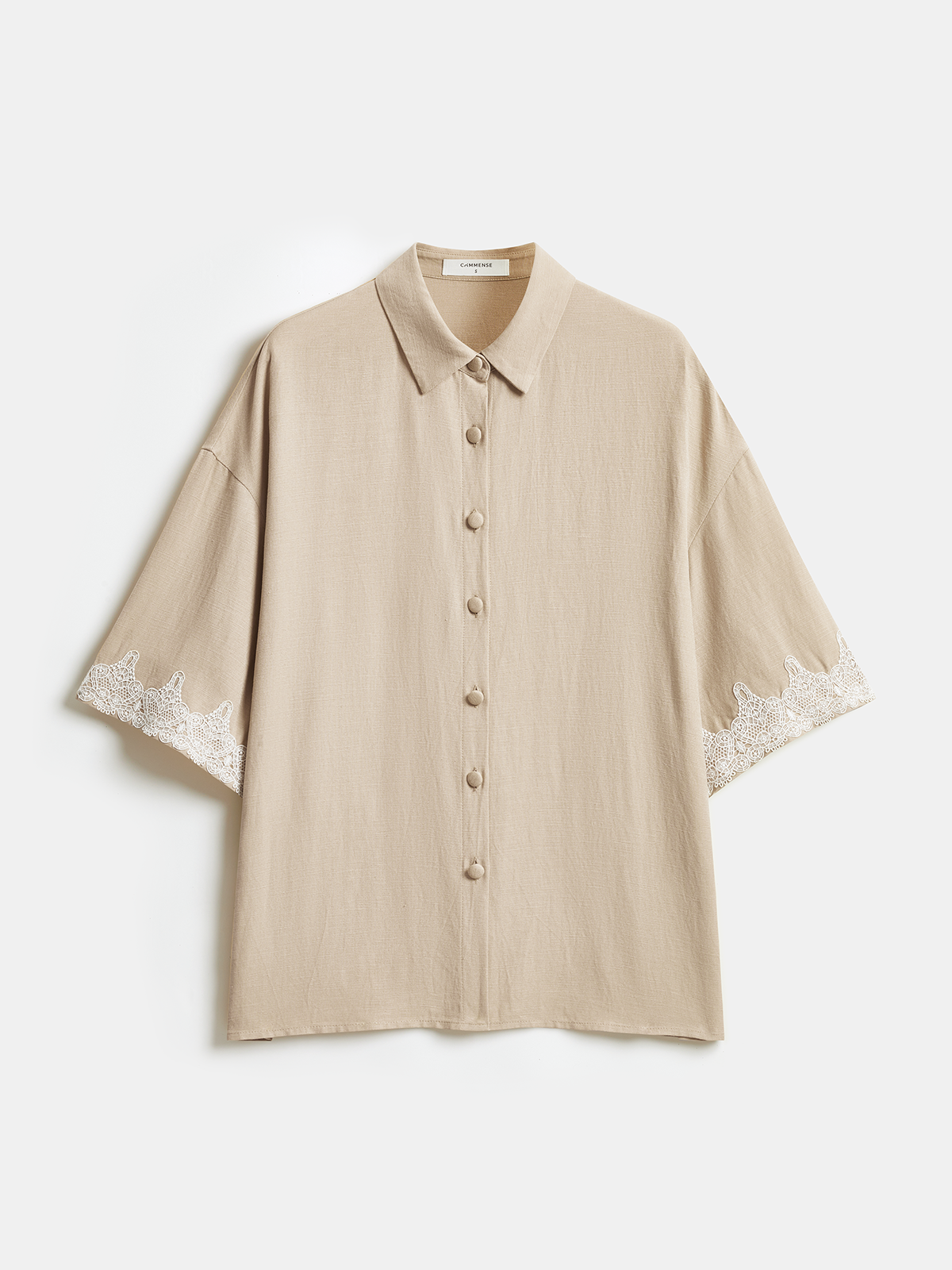 Linen Blend Lace Trim Shirt & Shorts Set-Chicvia