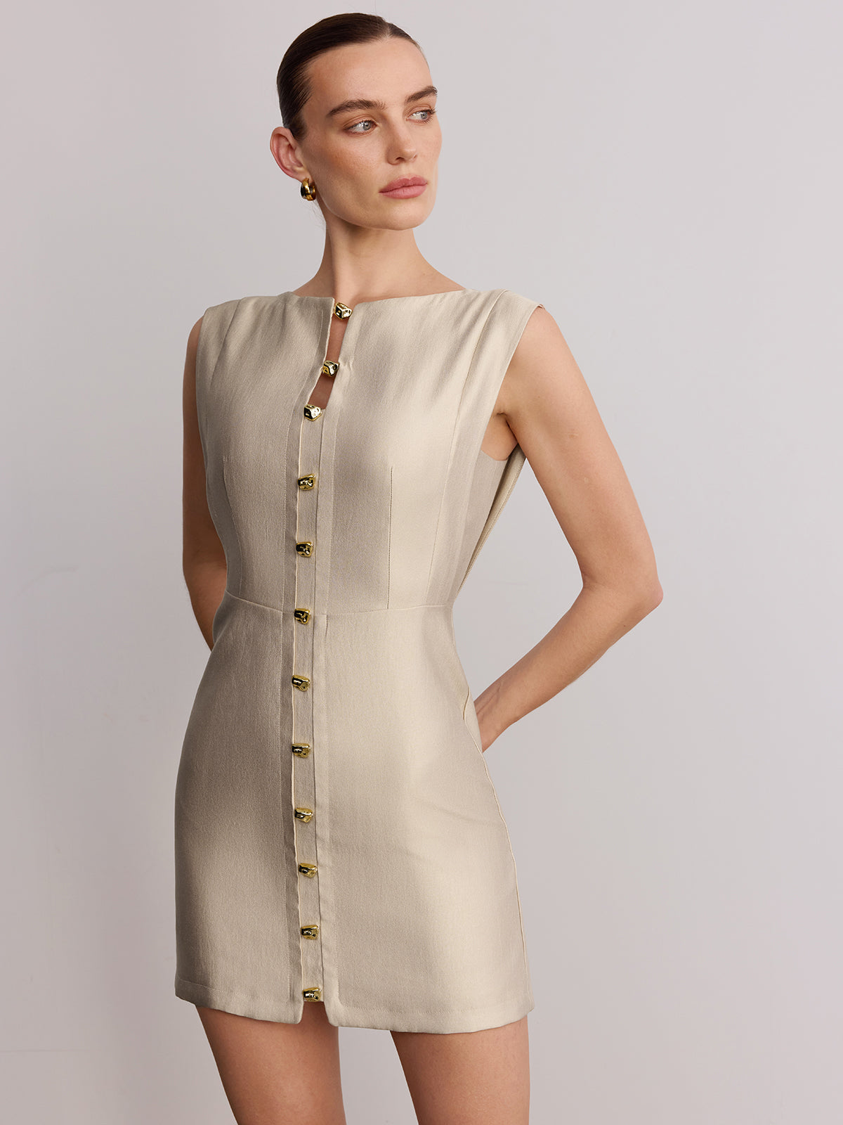 Metal Detail Sleeveless Mini Dress-Chicvia