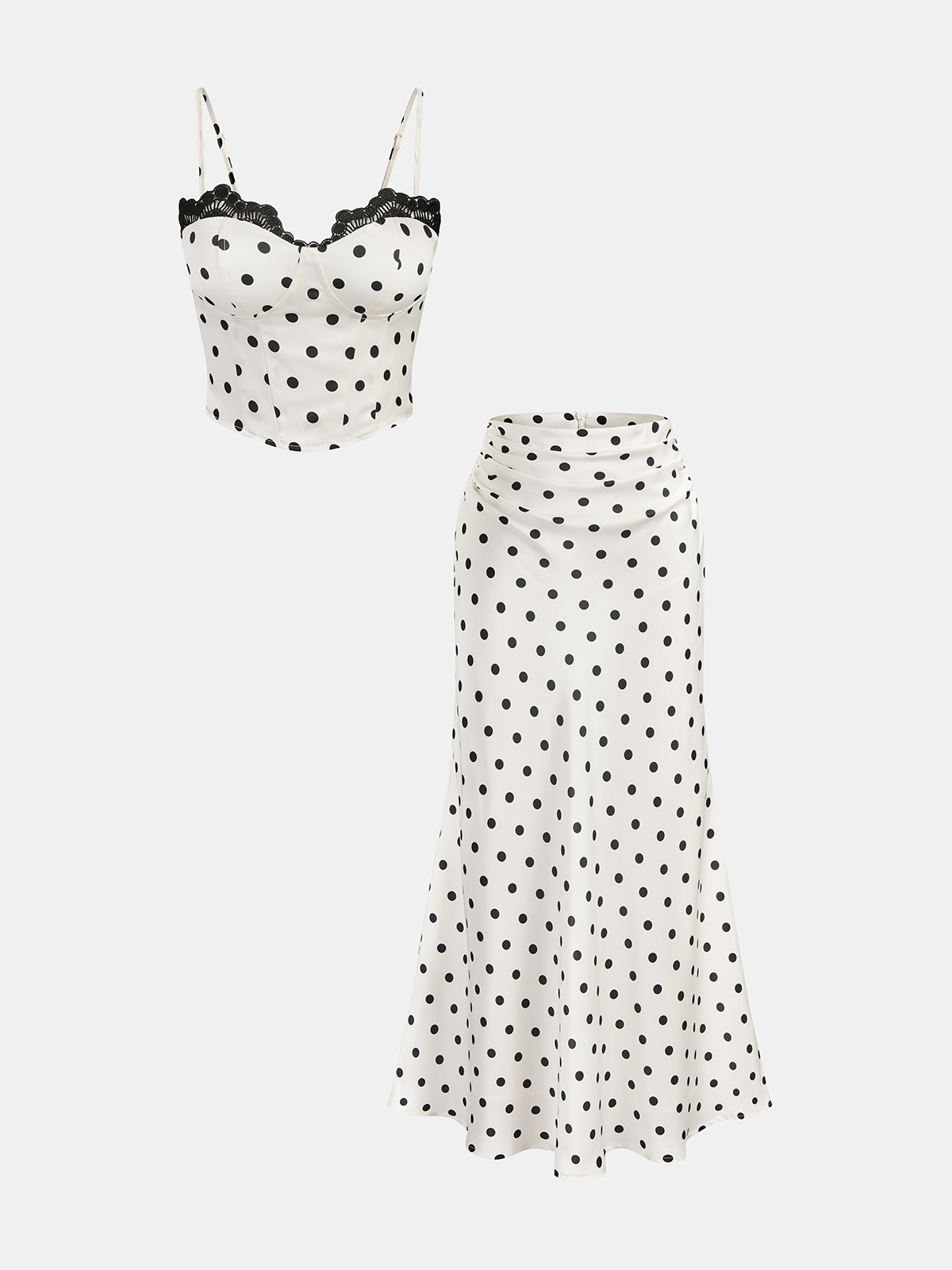 Polka Dot Lace Trim Cami Top & Skirt Sets-Chicvia