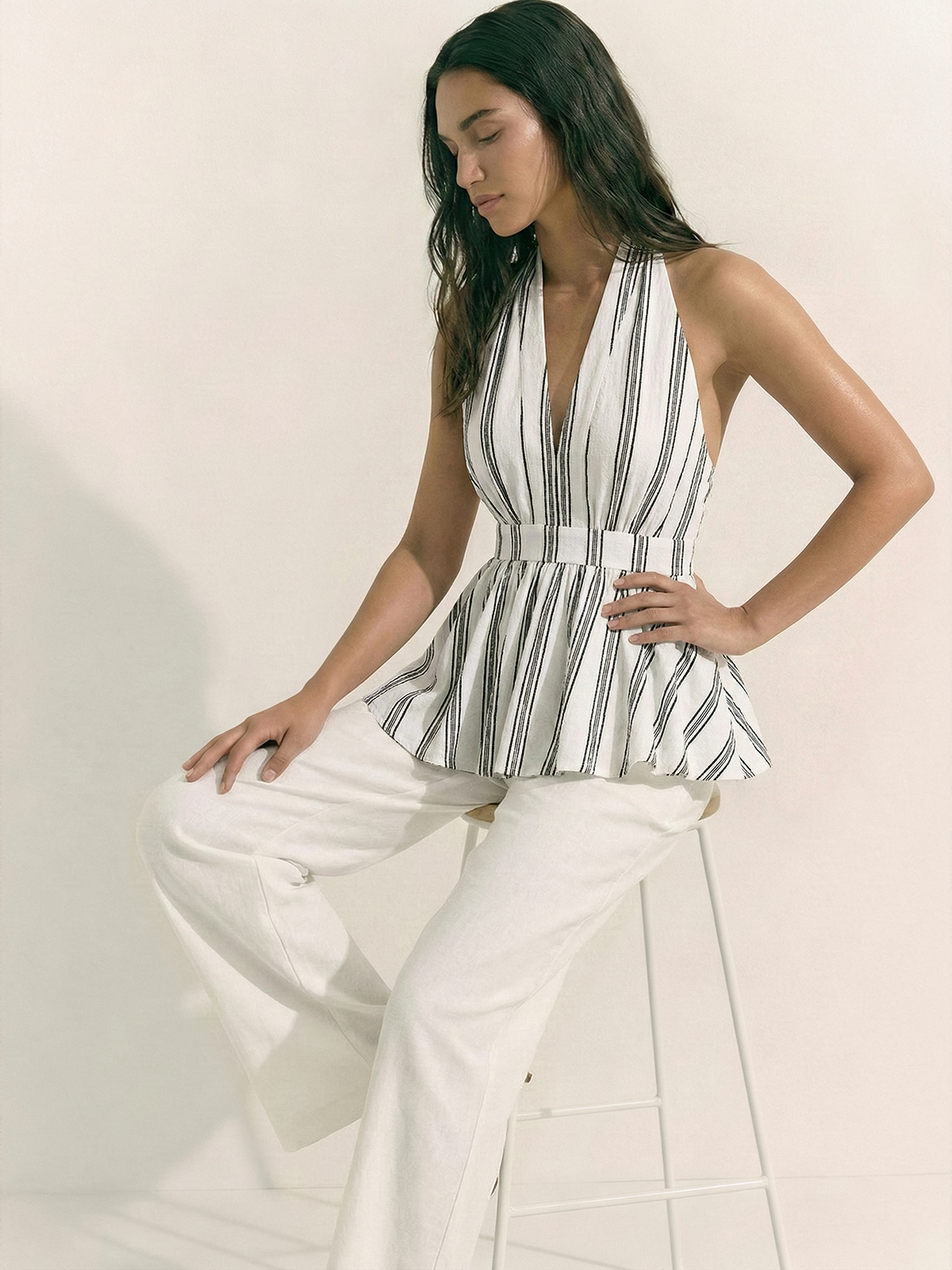 Cotton Striped Halter Peplum Tank Top-Chicvia