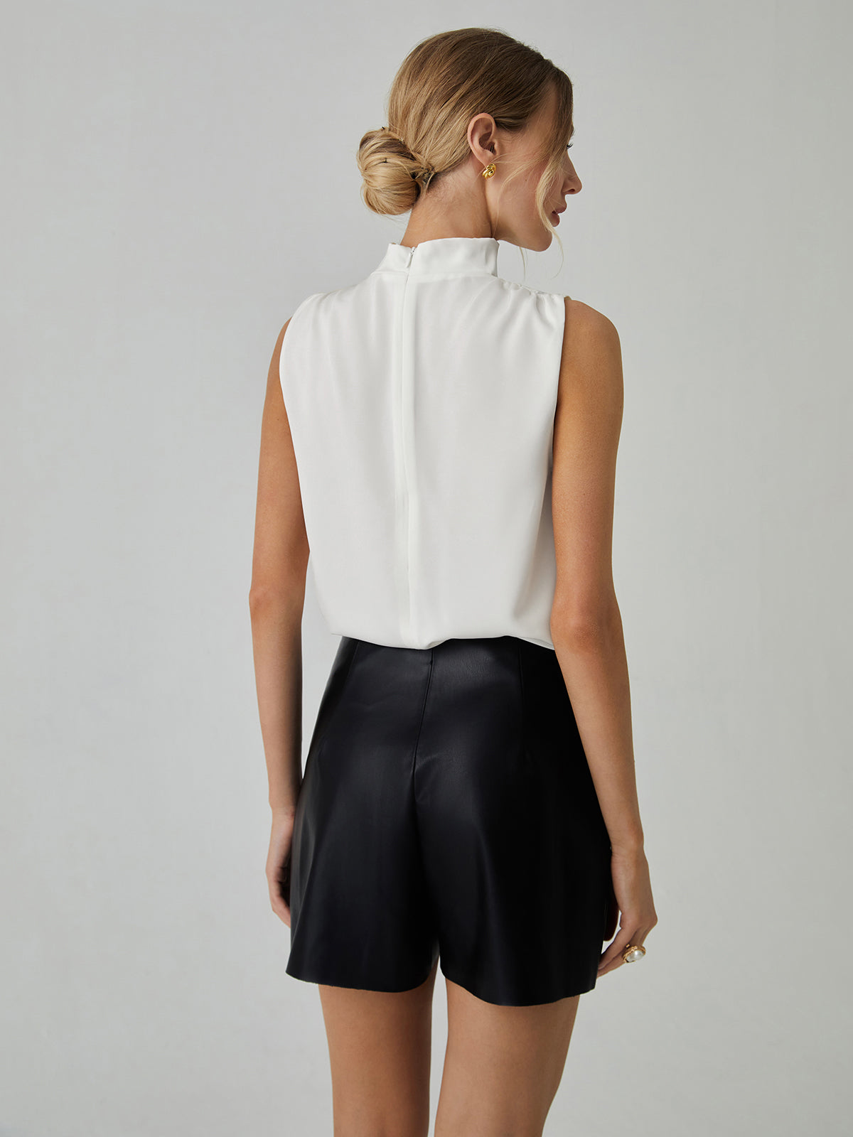 Pleated High Neck Sleeveless Blouse-Chicvia