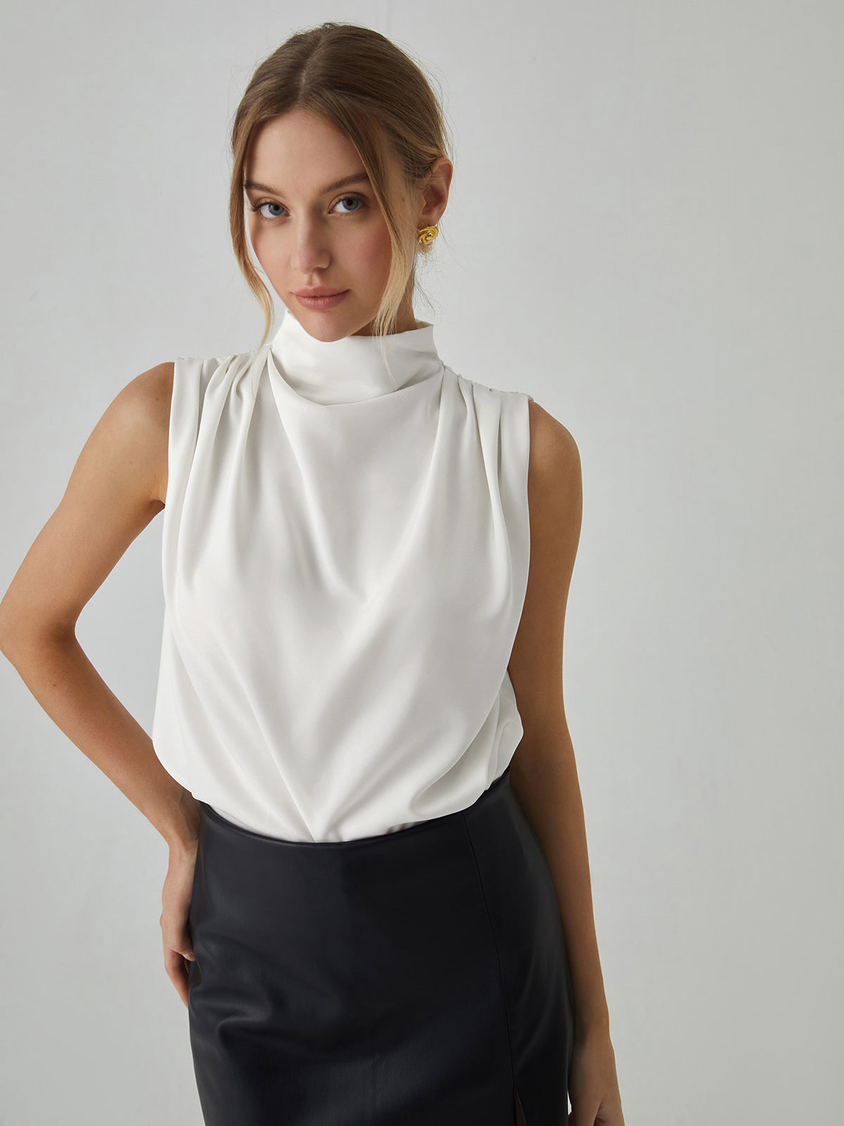 Pleated High Neck Sleeveless Blouse-Chicvia