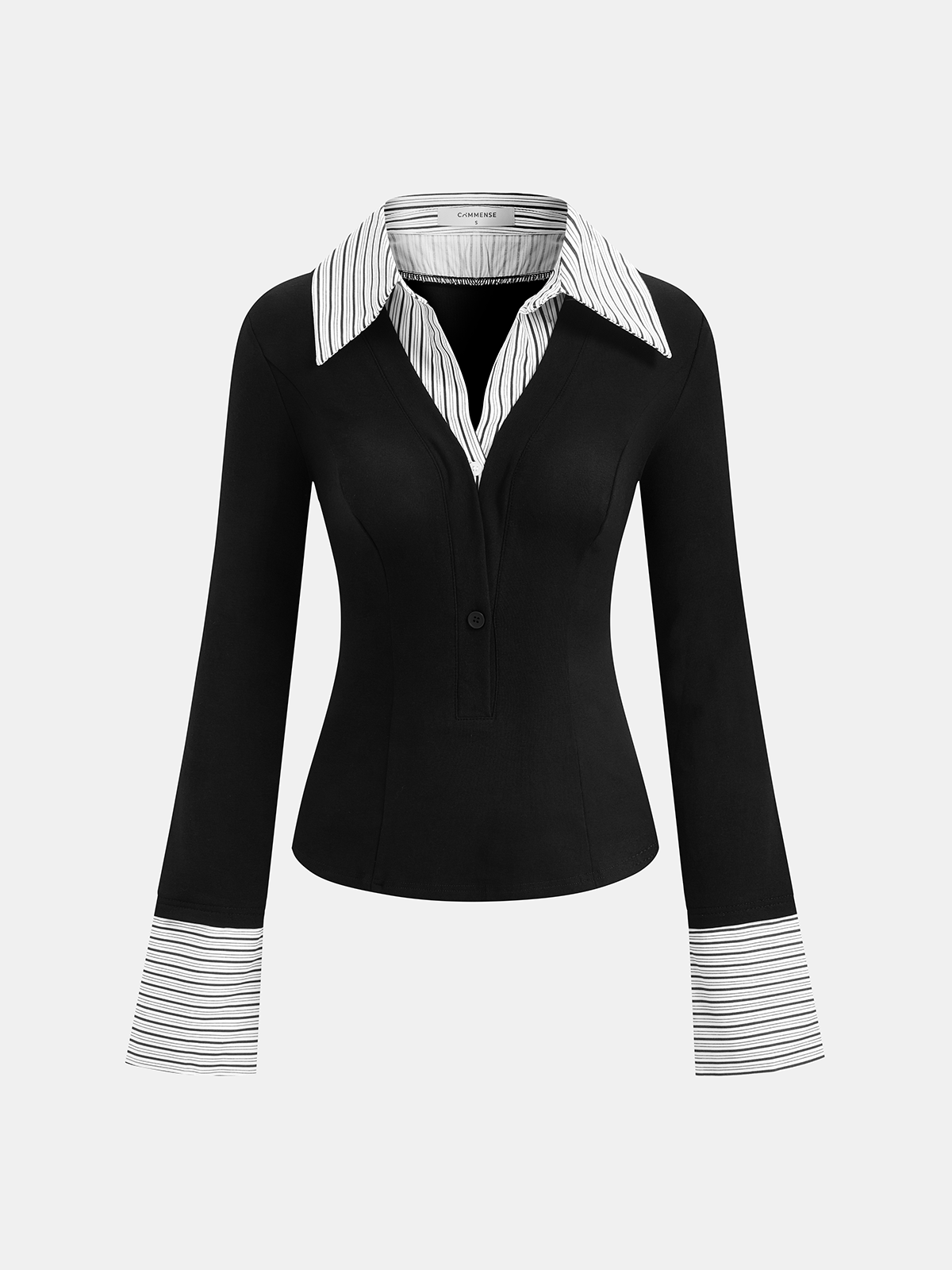 Mock Two-Piece Long-Sleeve Two Tone Polo Top-Chicvia