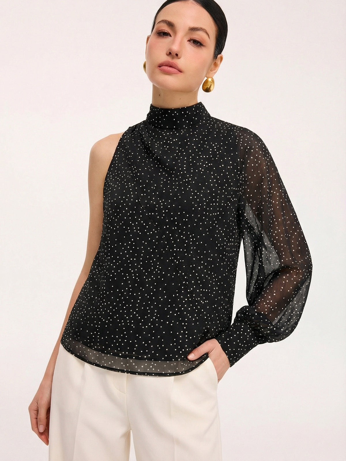 Polka Dot One Shoulder Sheer Mock Neck Blouse-Chicvia