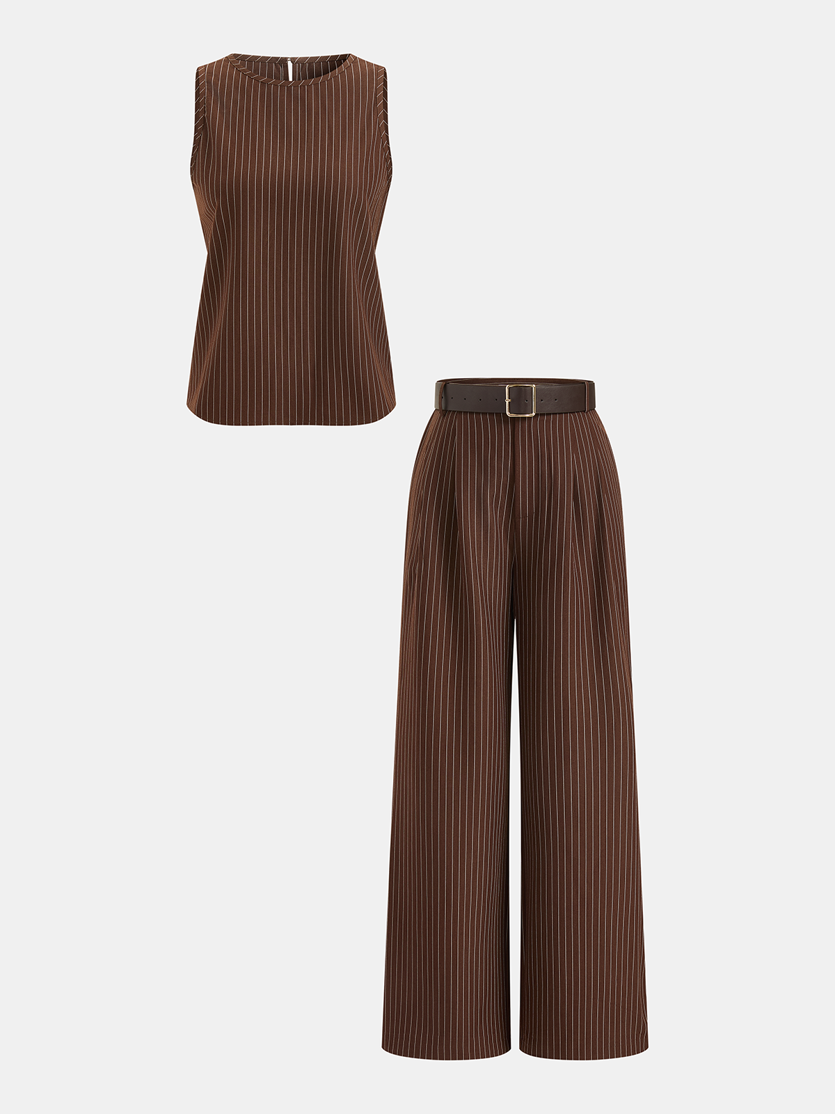 Pinstripe Sleeveless Top and Pants Set with Belt-Chicvia