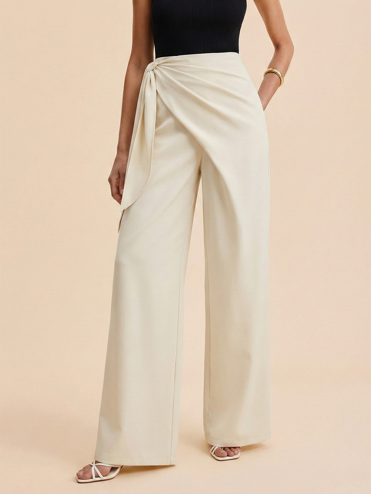 Draped Wrap Wide-Leg Pants-Chicvia