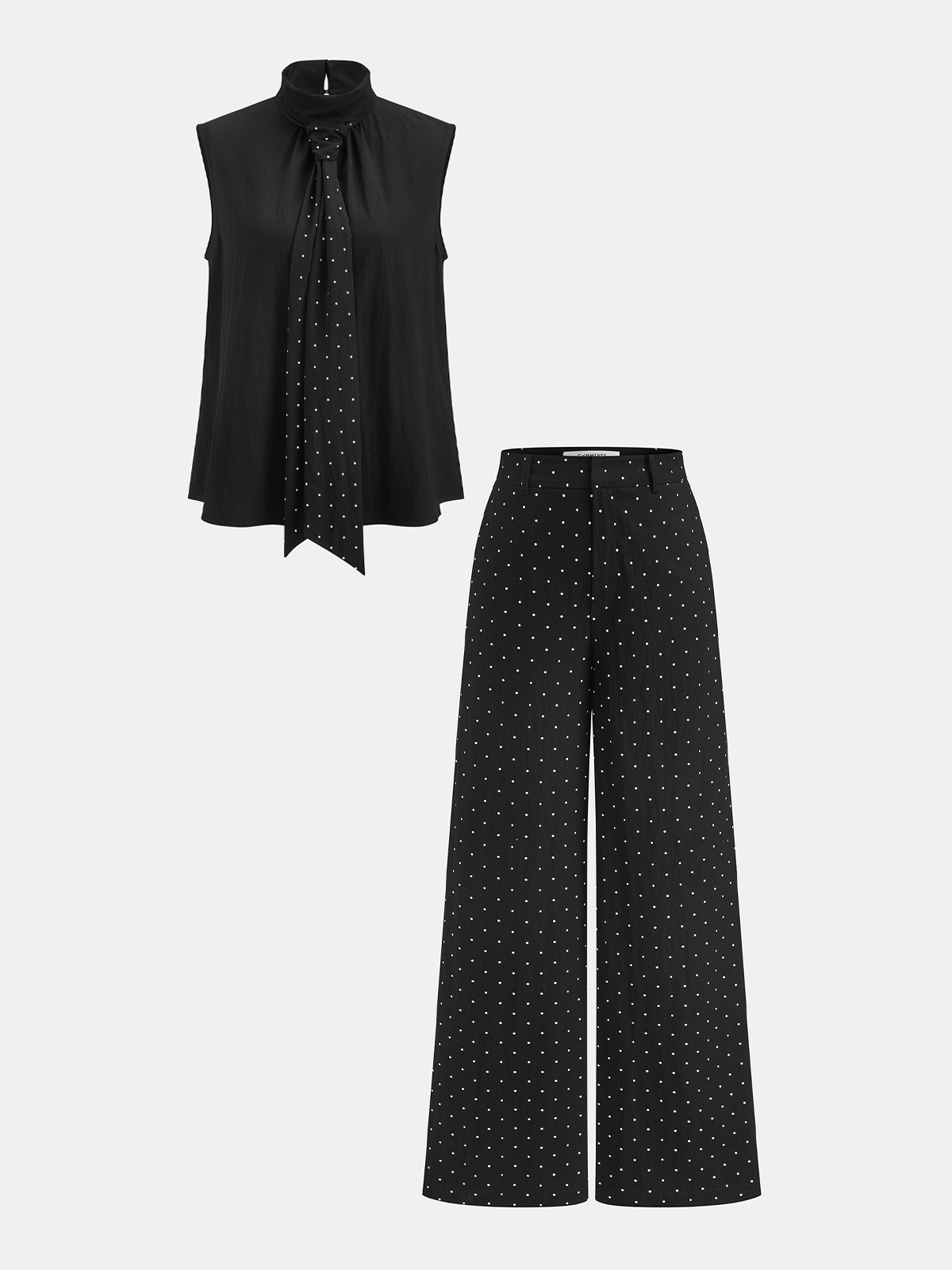 Polka Dot Tie Neck Top & Wide Leg Pants Set-Chicvia