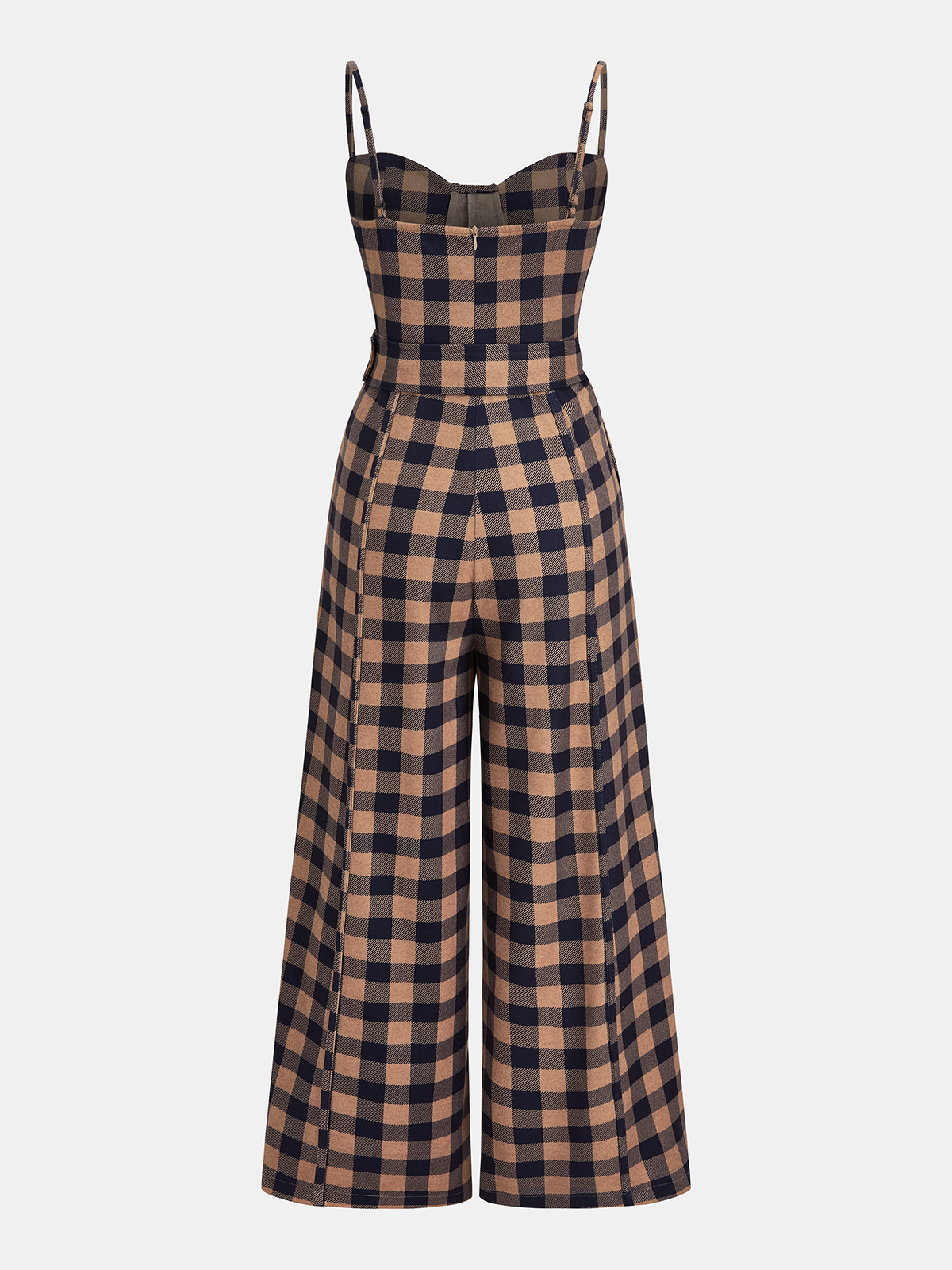 Plaid Belted Wide-Leg Cami Jumpsuit-Chicvia