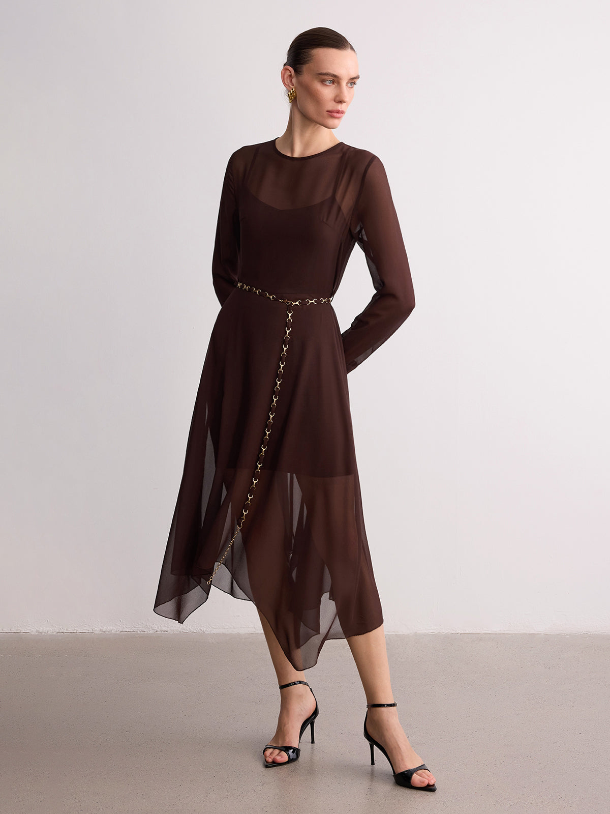 Belted Sheer Chiffon Long Sleeve Maxi Dress-Chicvia