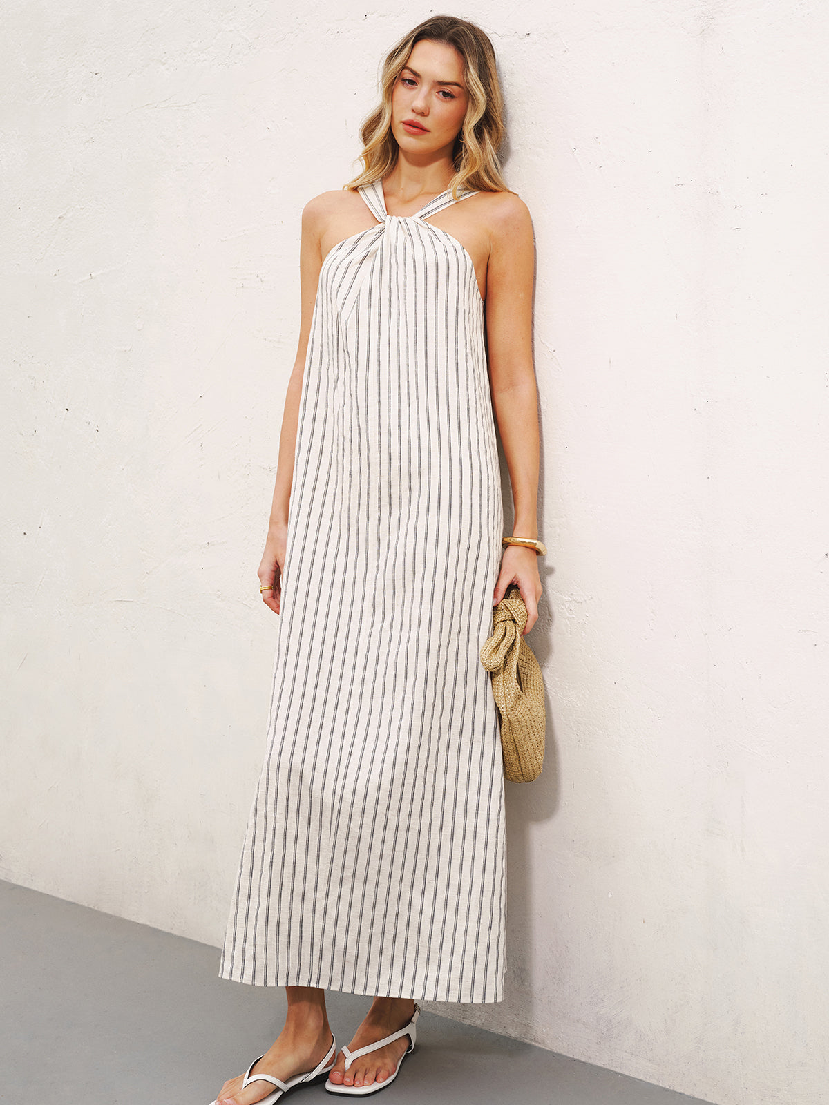 Halter Striped Cotton-Linen Maxi Dress-Chicvia