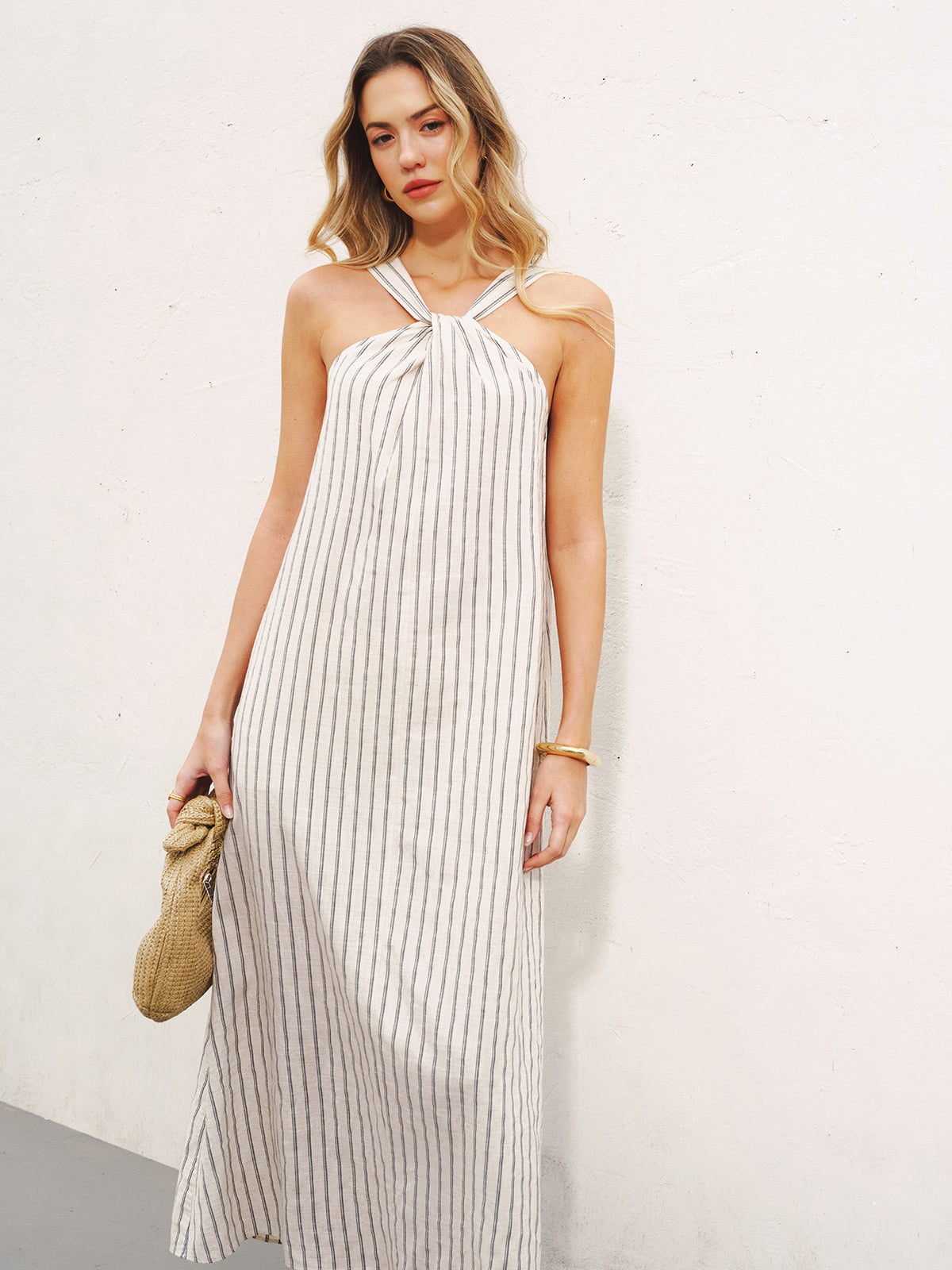 Halter Striped Cotton-Linen Maxi Dress-Chicvia